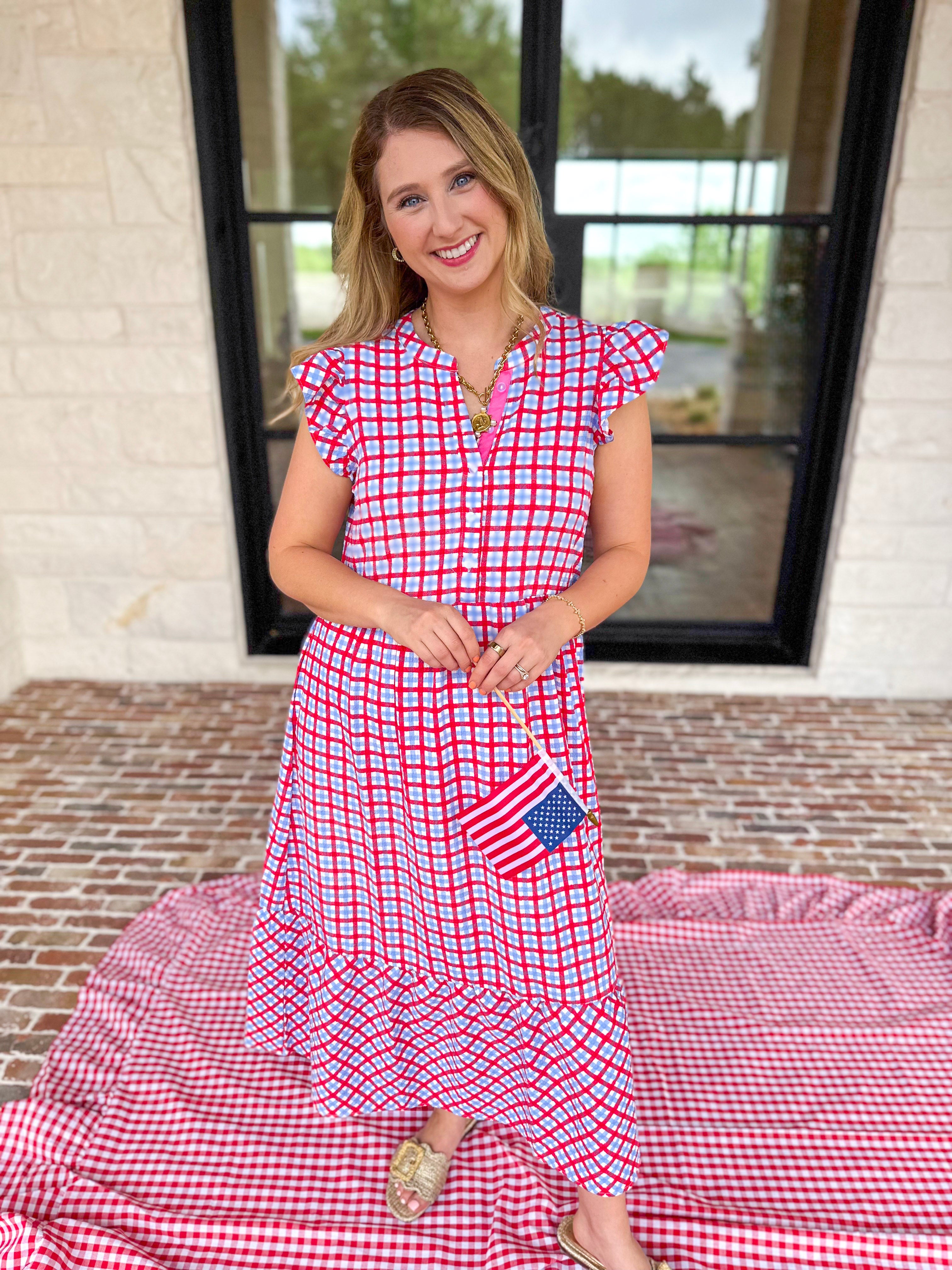Mary Square - Elaine Gingham Midi Dress-MARY SQUARE-July & June Women's Fashion Boutique Located in San Antonio, Texas