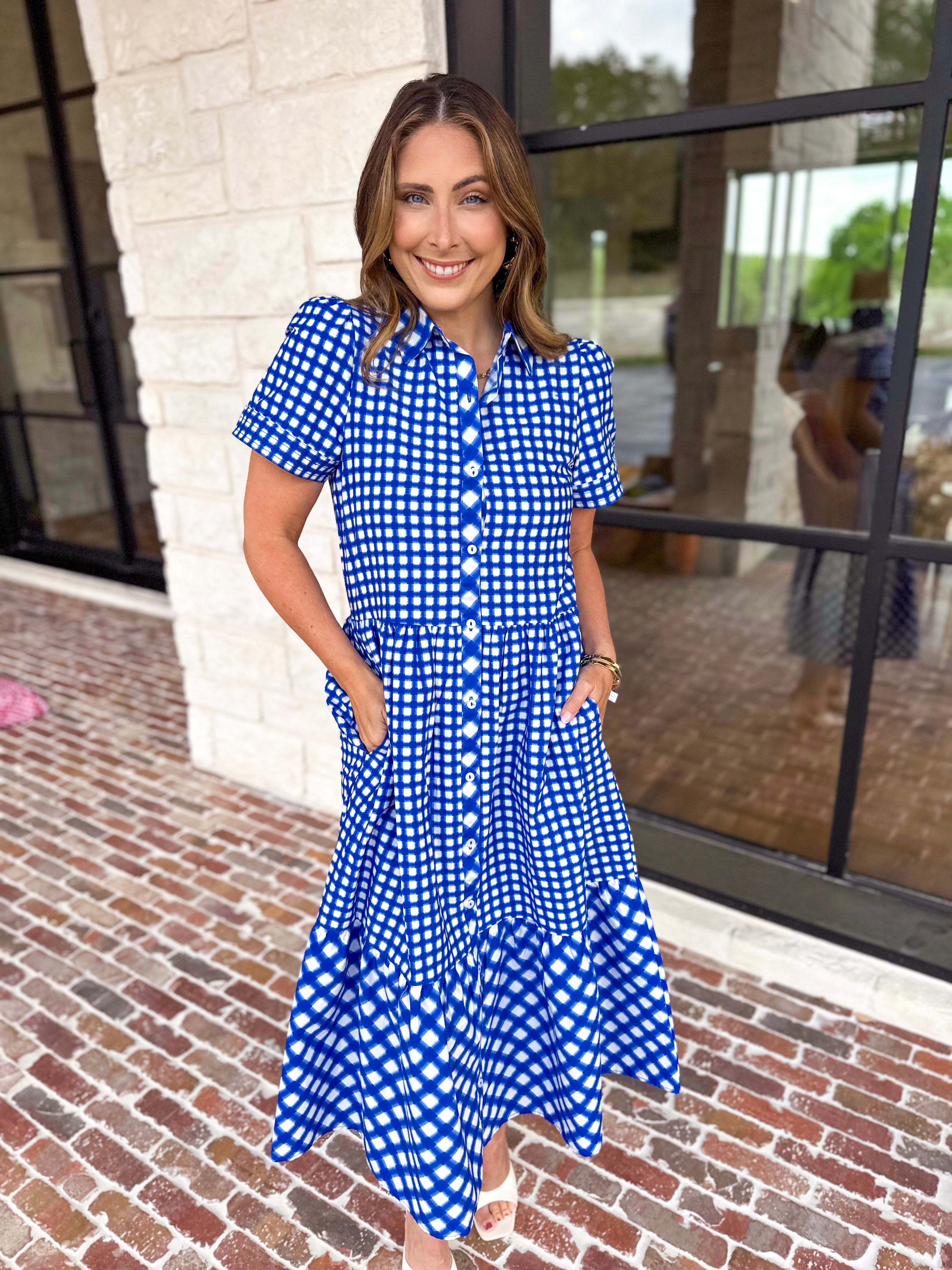 Mary Square - Jema Gingham Navy Mix Midi Dress-500 Midi-MARY SQUARE-July & June Women's Fashion Boutique Located in San Antonio, Texas