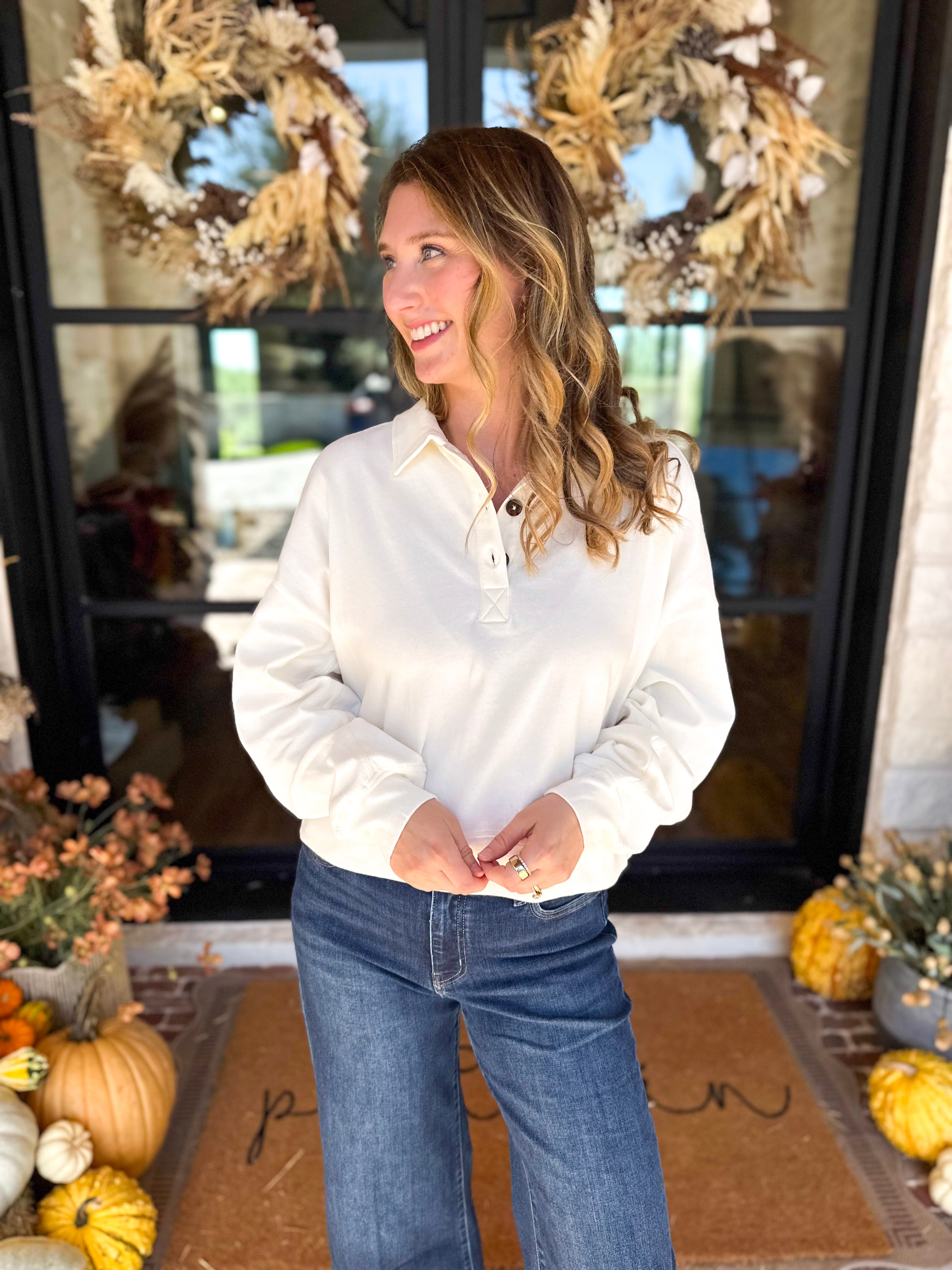 PINK FRIDAY DOORBUSTERS - Henley Polo Top - Cream - ONLINE - FINAL SALE-PINK FRIDAY DOORBUSTERS-DOUBLE ZERO-July & June Women's Fashion Boutique Located in San Antonio, Texas