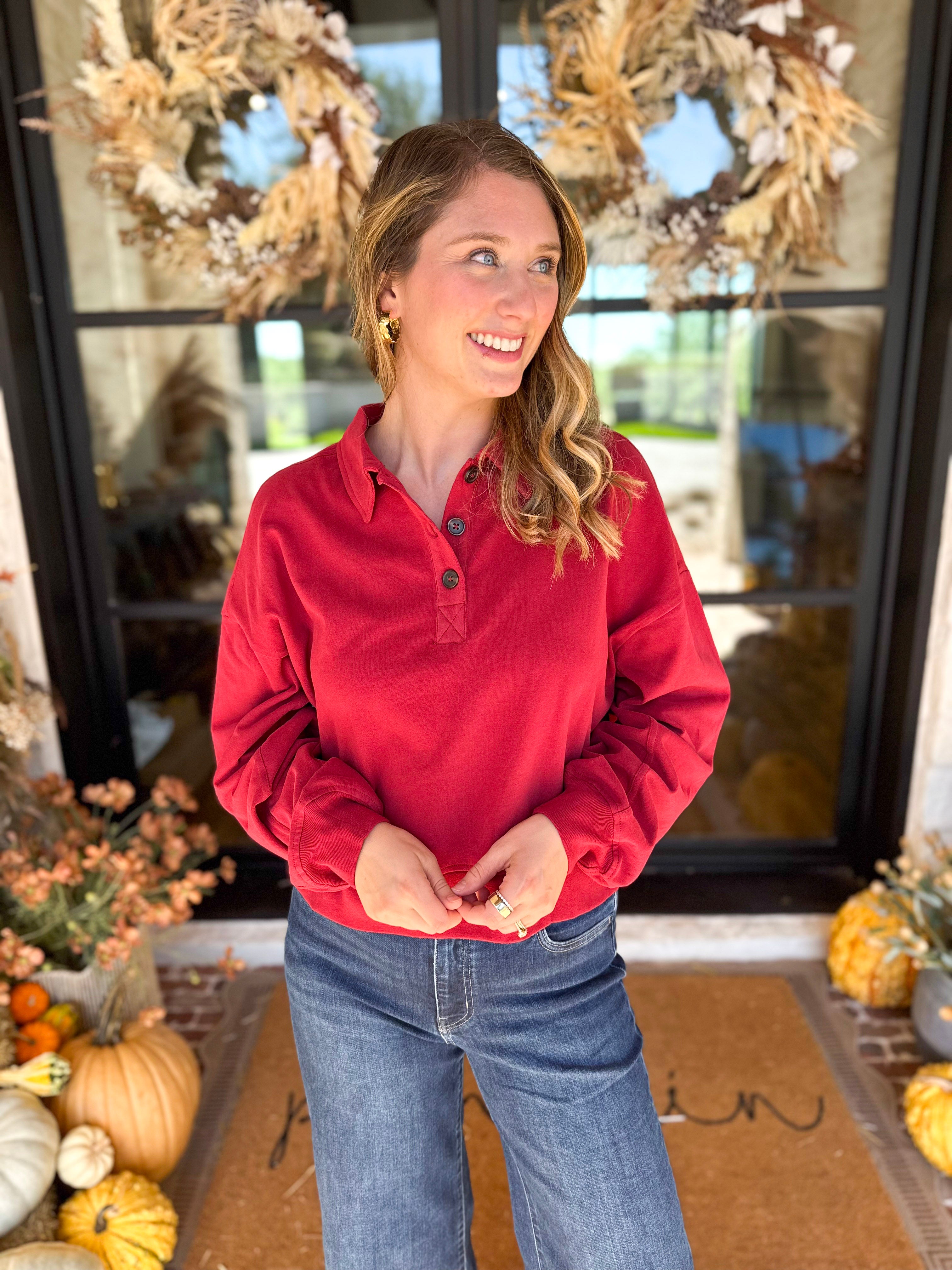 PINK FRIDAY DOORBUSTERS - Henley Polo Top - Red - ONLINE - FINAL SALE-PINK FRIDAY DOORBUSTERS-DOUBLE ZERO-July & June Women's Fashion Boutique Located in San Antonio, Texas