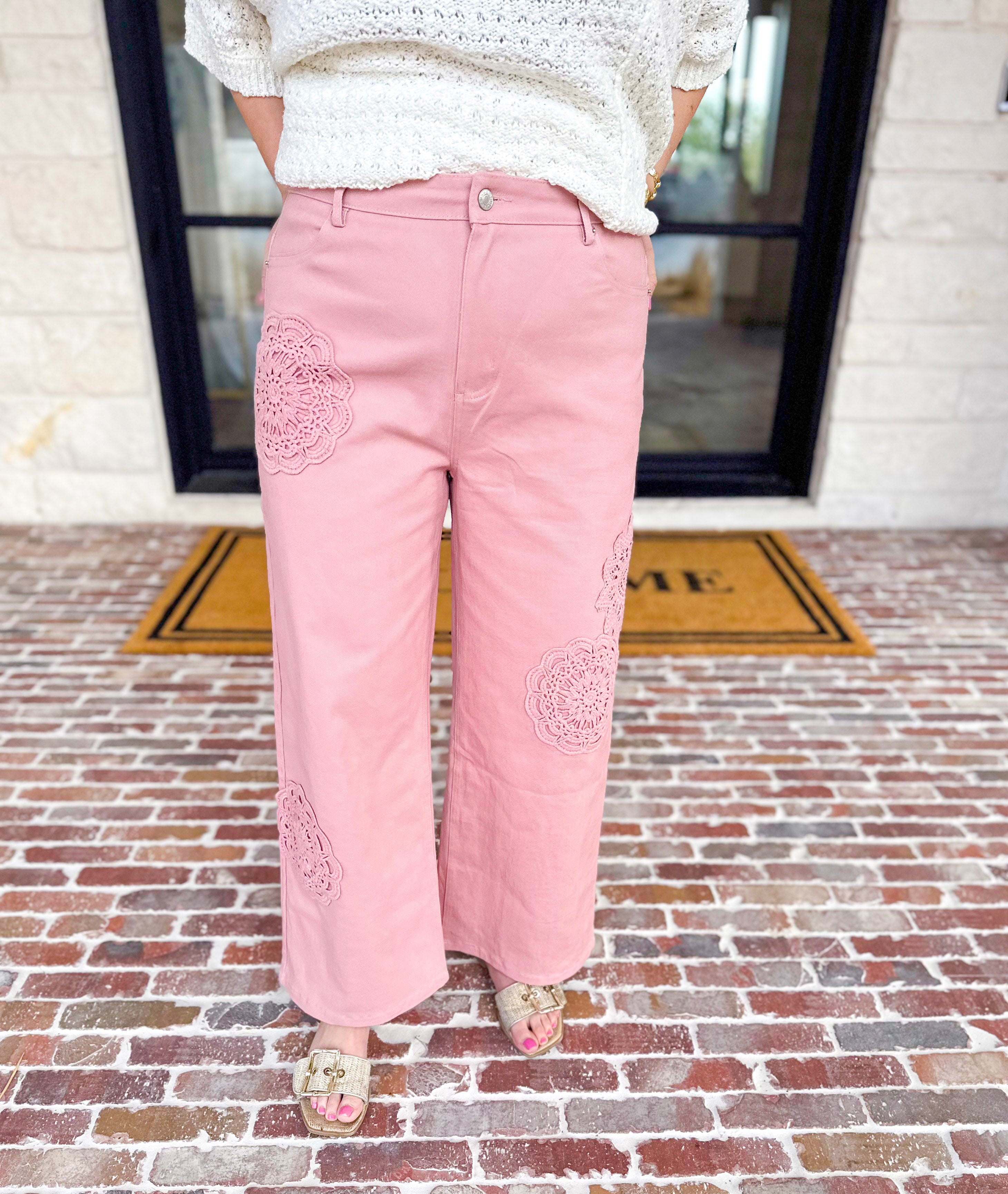 Blush Crochet Denim Pants-400 Pants-ENTRO-July & June Women's Fashion Boutique Located in San Antonio, Texas