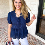 Current Air - Navy Eyelet Blouse-200 Fashion Blouses-CURRENT AIR CLOTHING-July & June Women's Fashion Boutique Located in San Antonio, Texas