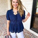 Current Air - Navy Eyelet Blouse-200 Fashion Blouses-CURRENT AIR CLOTHING-July & June Women's Fashion Boutique Located in San Antonio, Texas