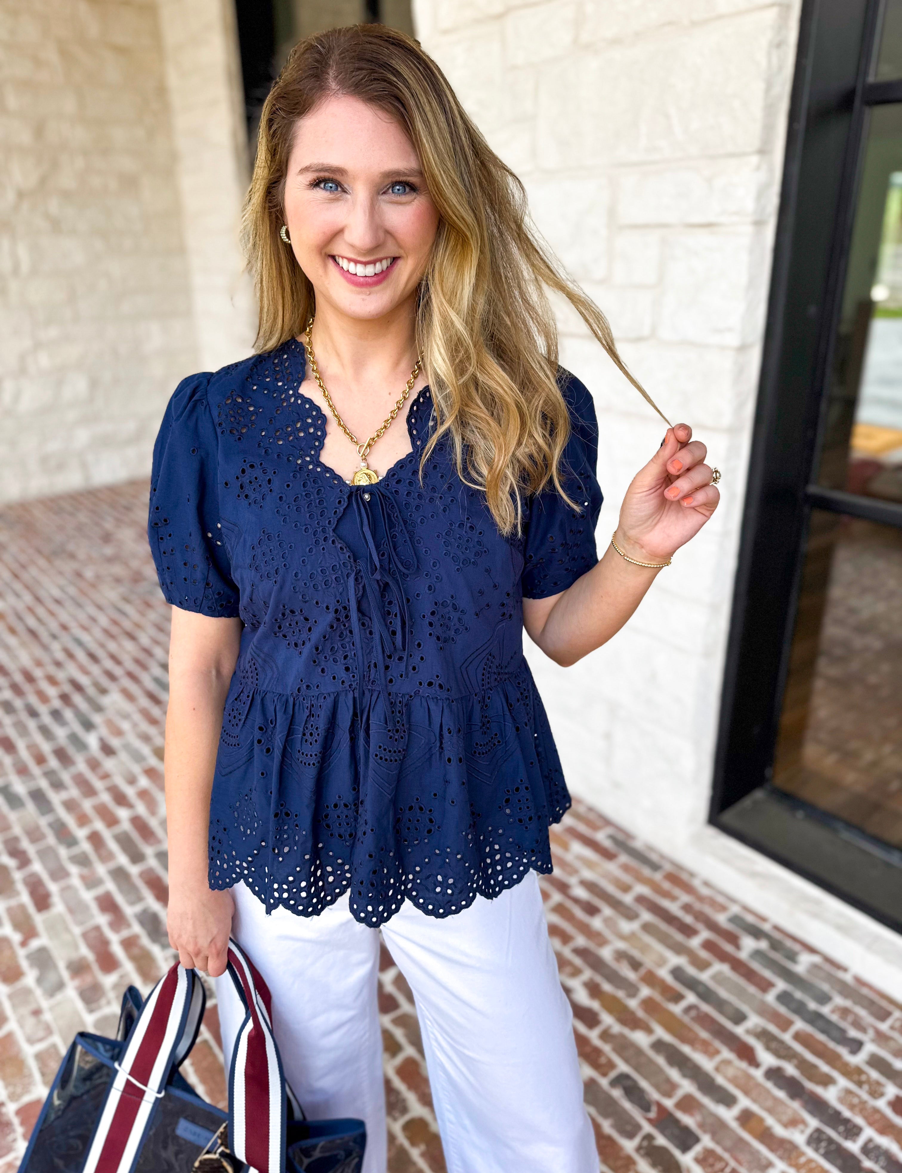 Current Air - Navy Eyelet Blouse-200 Fashion Blouses-CURRENT AIR CLOTHING-July & June Women's Fashion Boutique Located in San Antonio, Texas