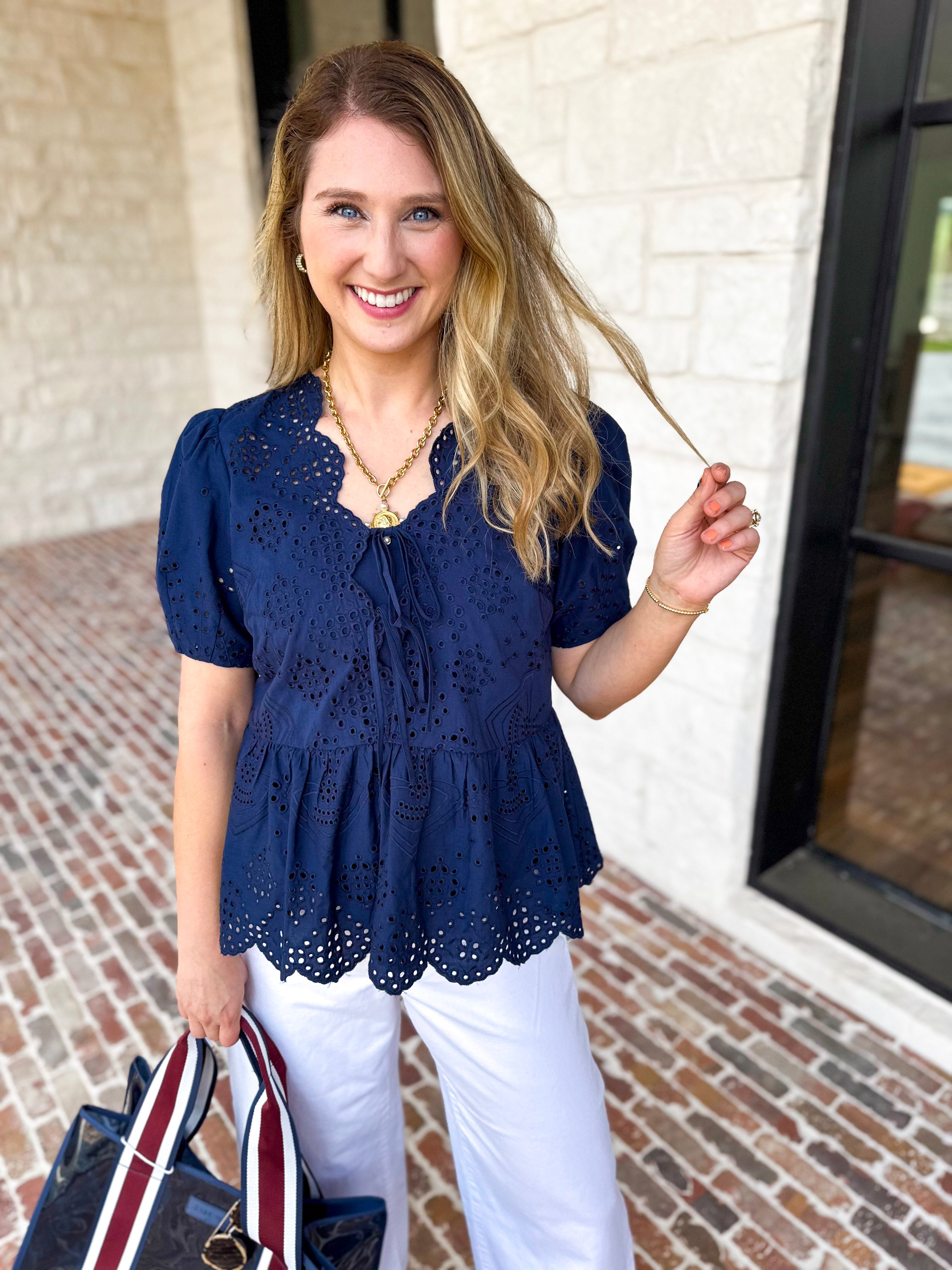 Current Air - Navy Eyelet Blouse-200 Fashion Blouses-CURRENT AIR CLOTHING-July & June Women's Fashion Boutique Located in San Antonio, Texas