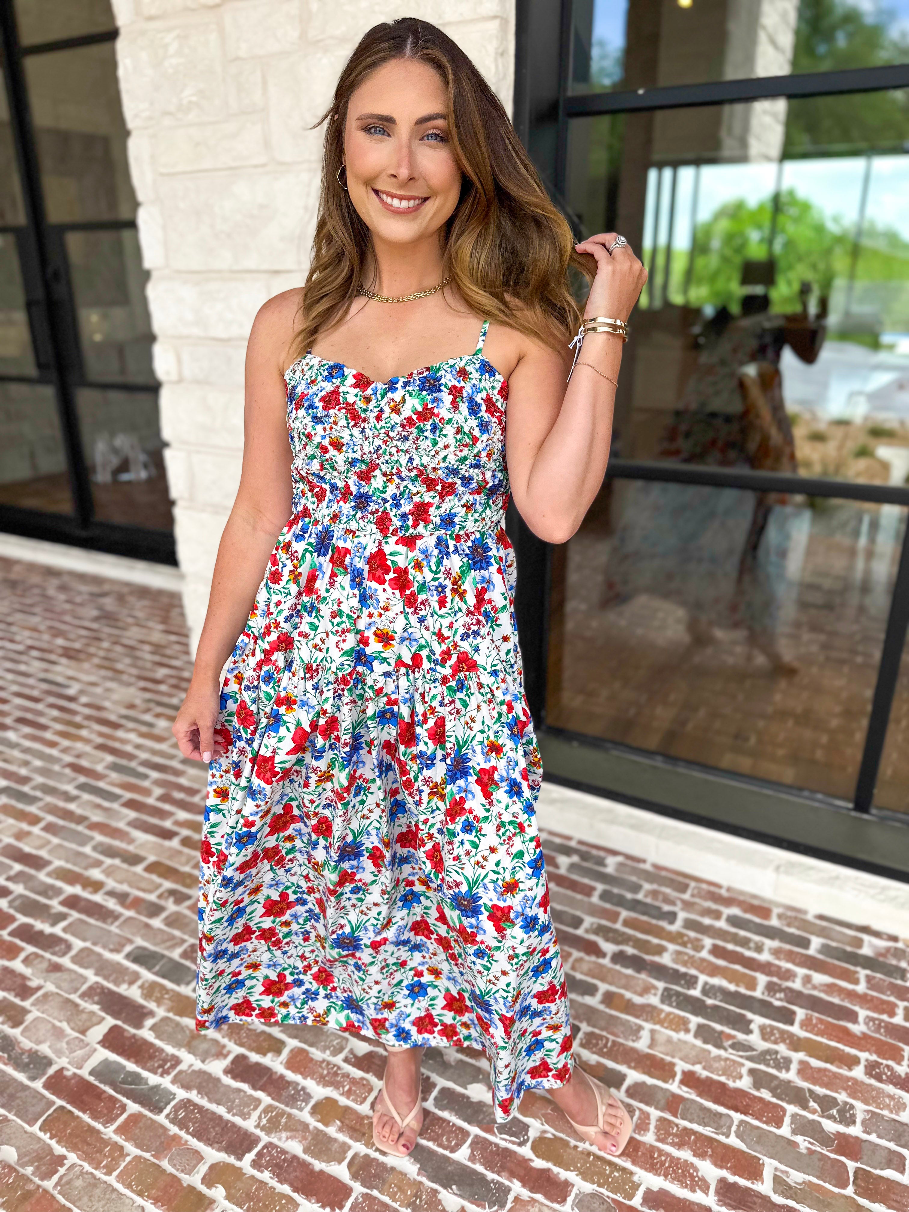 Summer In Bloom Midi Dress-500 Midi-SKIES ARE BLUE-July & June Women's Fashion Boutique Located in San Antonio, Texas