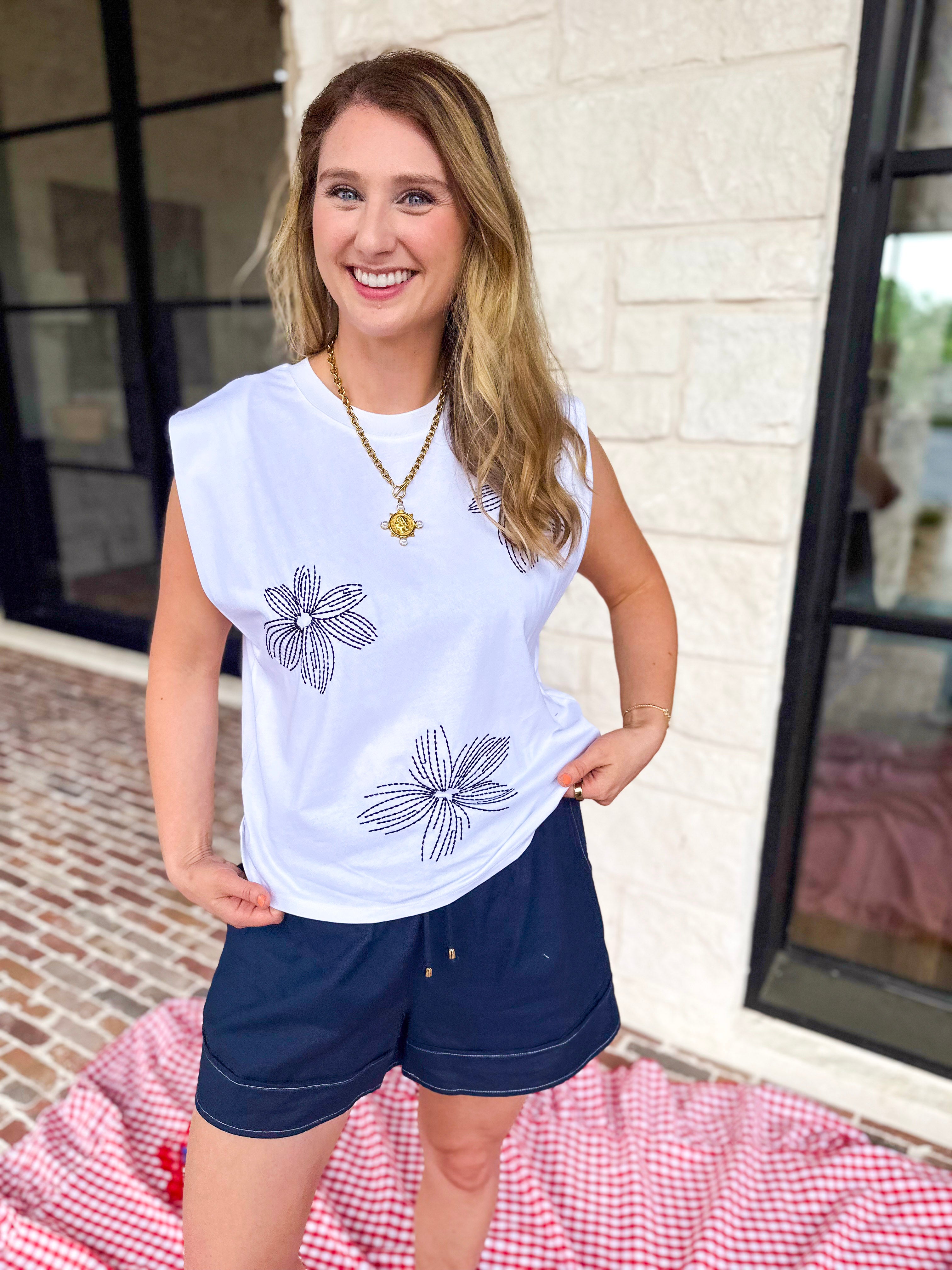 Current Air - Embroidered Floral Tee-200 Fashion Blouses-CURRENT AIR CLOTHING-July & June Women's Fashion Boutique Located in San Antonio, Texas