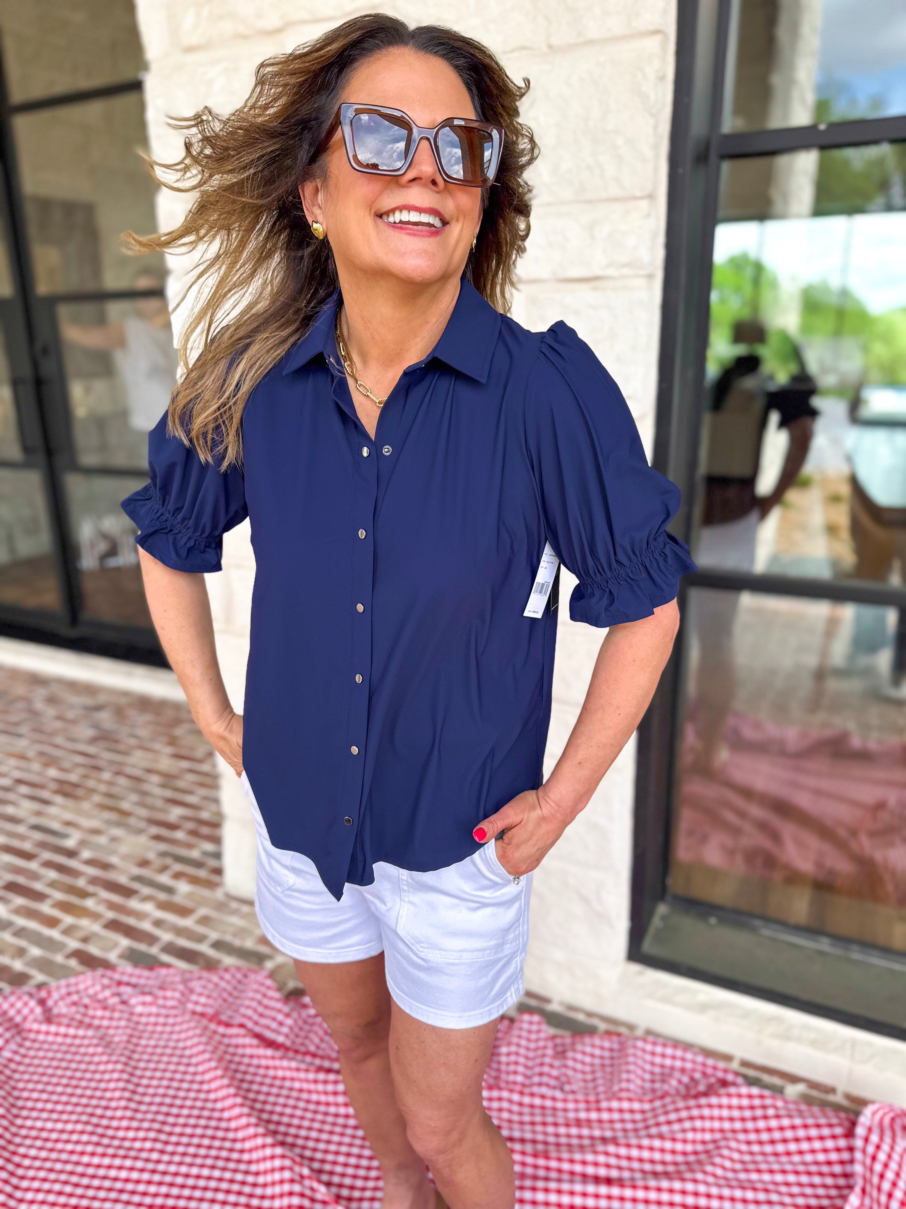 LIVERPOOL - Button Down Blouse - Navy-200 Fashion Blouses-LIVERPOOL JEANS COMPANY-July & June Women's Fashion Boutique Located in San Antonio, Texas