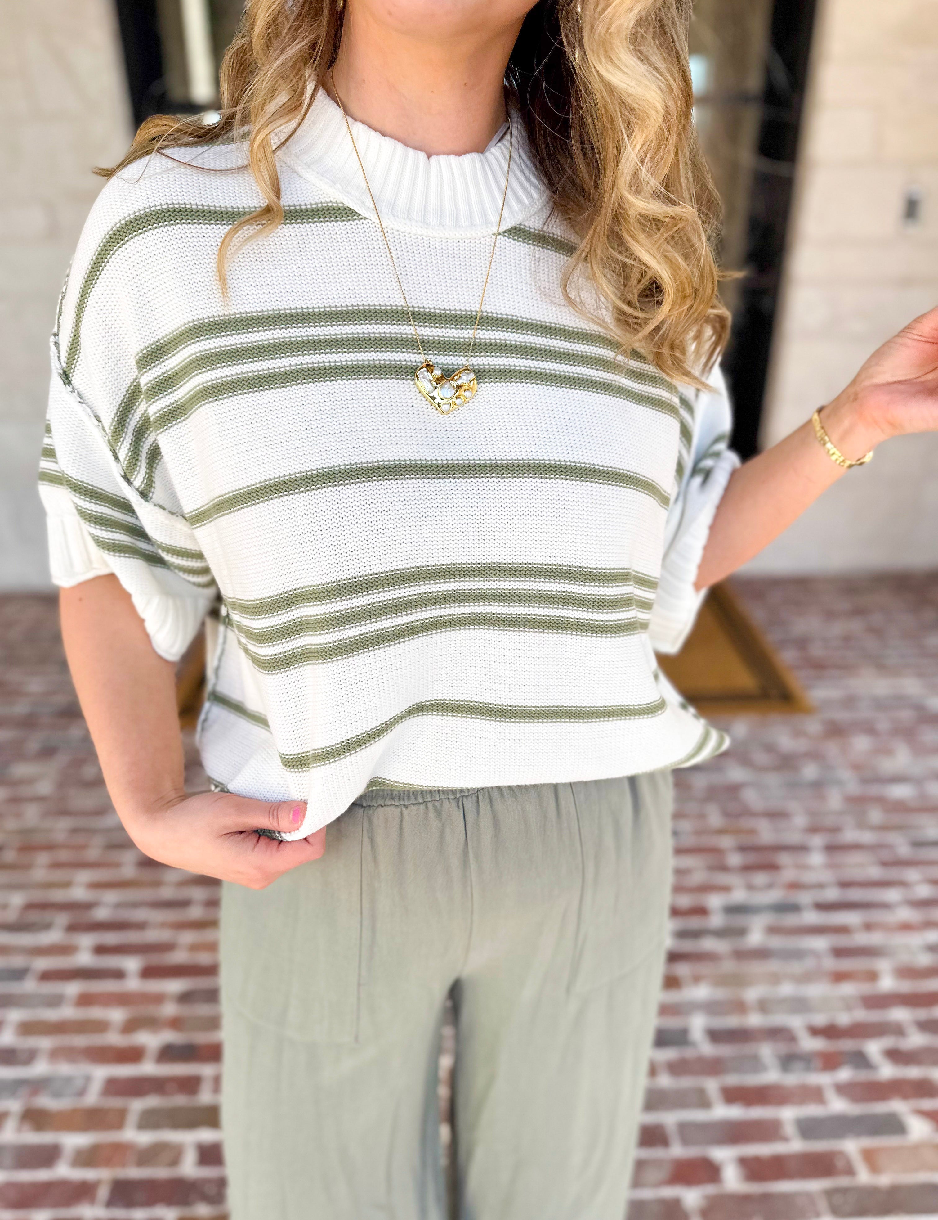 Sage & Ivory Stripe Short Sleeve Knit Top-230 Sweaters/Cardis-RAE MODE-July & June Women's Fashion Boutique Located in San Antonio, Texas