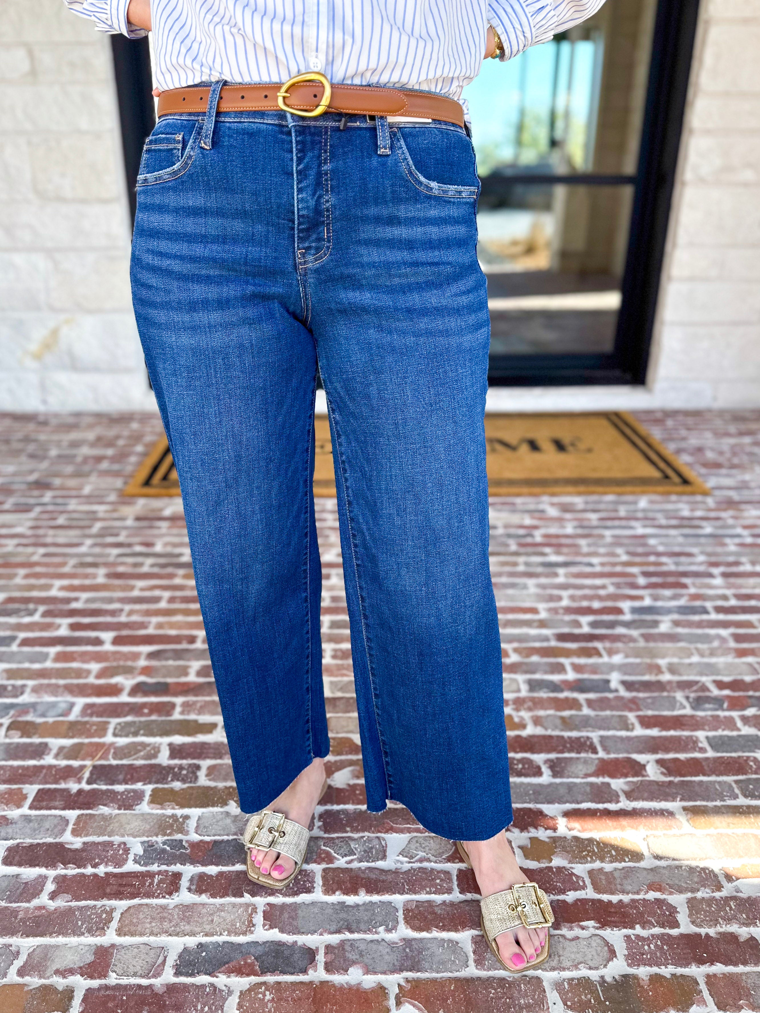 Vervet - Mid Rise Dark Wash Wide Leg Jeans-400 Pants-VEVERT BY FLYING MONKEY-July & June Women's Fashion Boutique Located in San Antonio, Texas