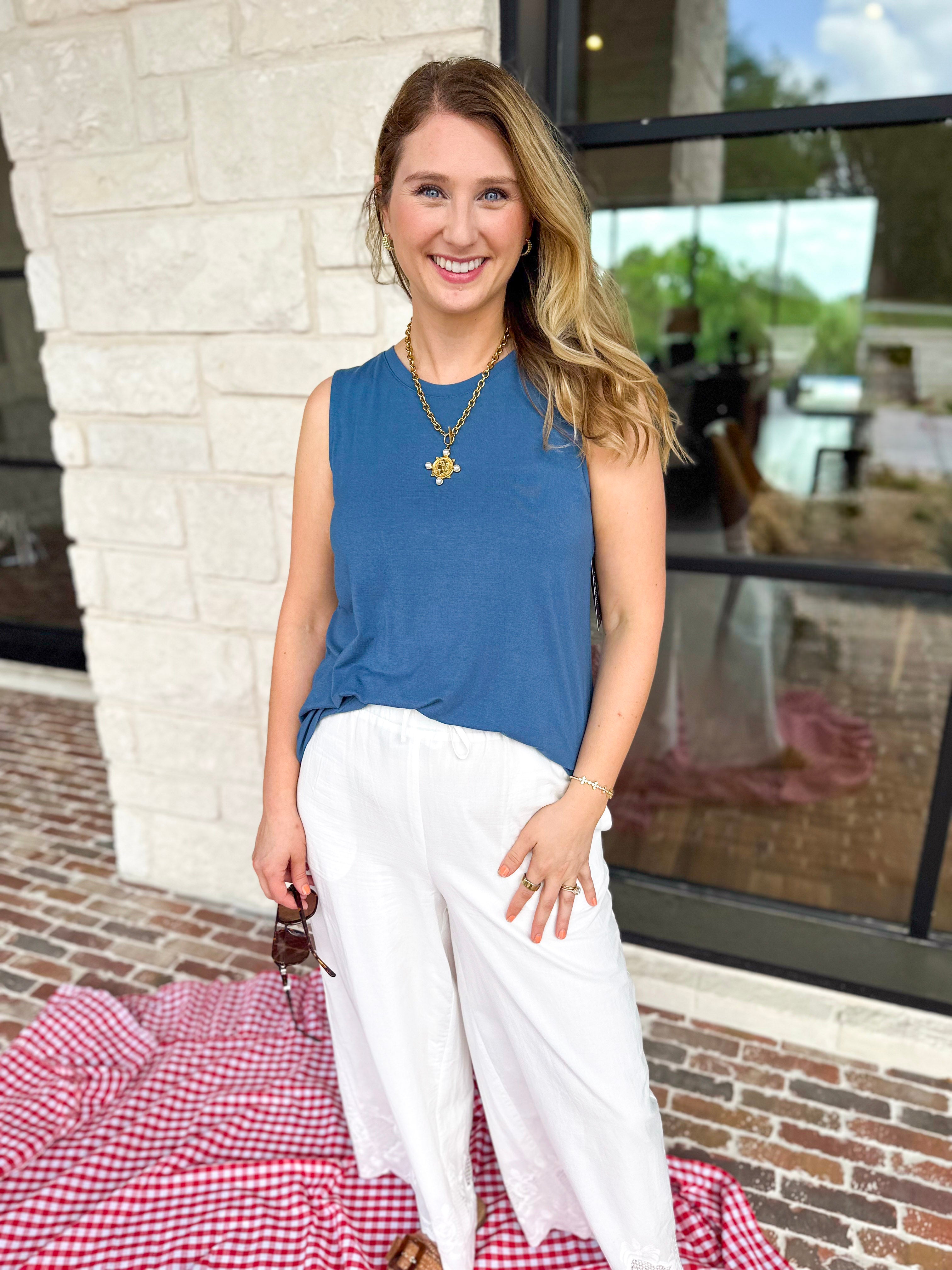 LIVERPOOL - French Blue Scoop Tank-210 Casual Blouses-LIVERPOOL JEANS COMPANY-July & June Women's Fashion Boutique Located in San Antonio, Texas