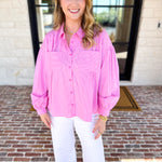 Pink Pinstripe Button Down Blouse-200 Fashion Blouses-FATE-July & June Women's Fashion Boutique Located in San Antonio, Texas