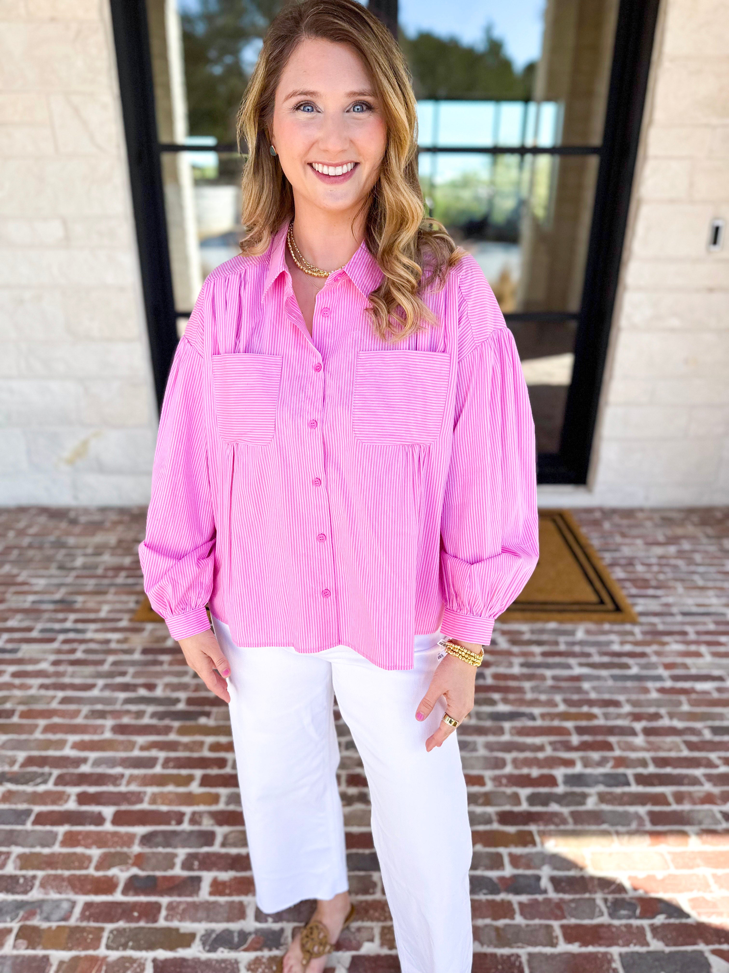 Pink Pinstripe Button Down Blouse-200 Fashion Blouses-FATE-July & June Women's Fashion Boutique Located in San Antonio, Texas