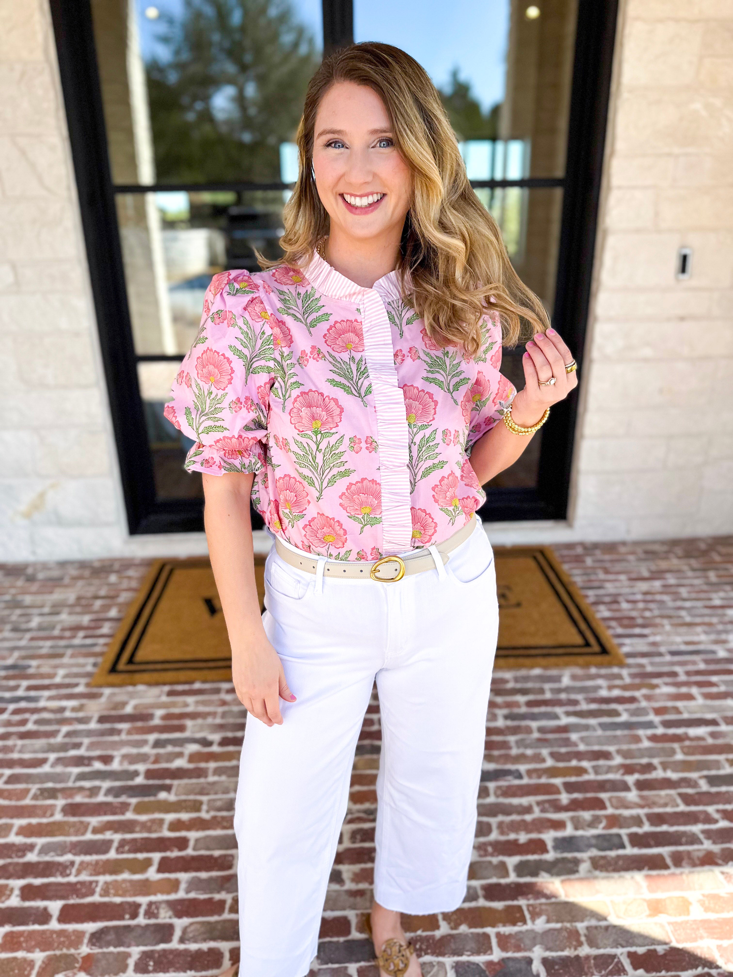 Floral Fun Blouse - Pink-200 Fashion Blouses-ENTRO-July & June Women's Fashion Boutique Located in San Antonio, Texas