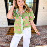 Floral Fun Blouse - Matcha-200 Fashion Blouses-ENTRO-July & June Women's Fashion Boutique Located in San Antonio, Texas