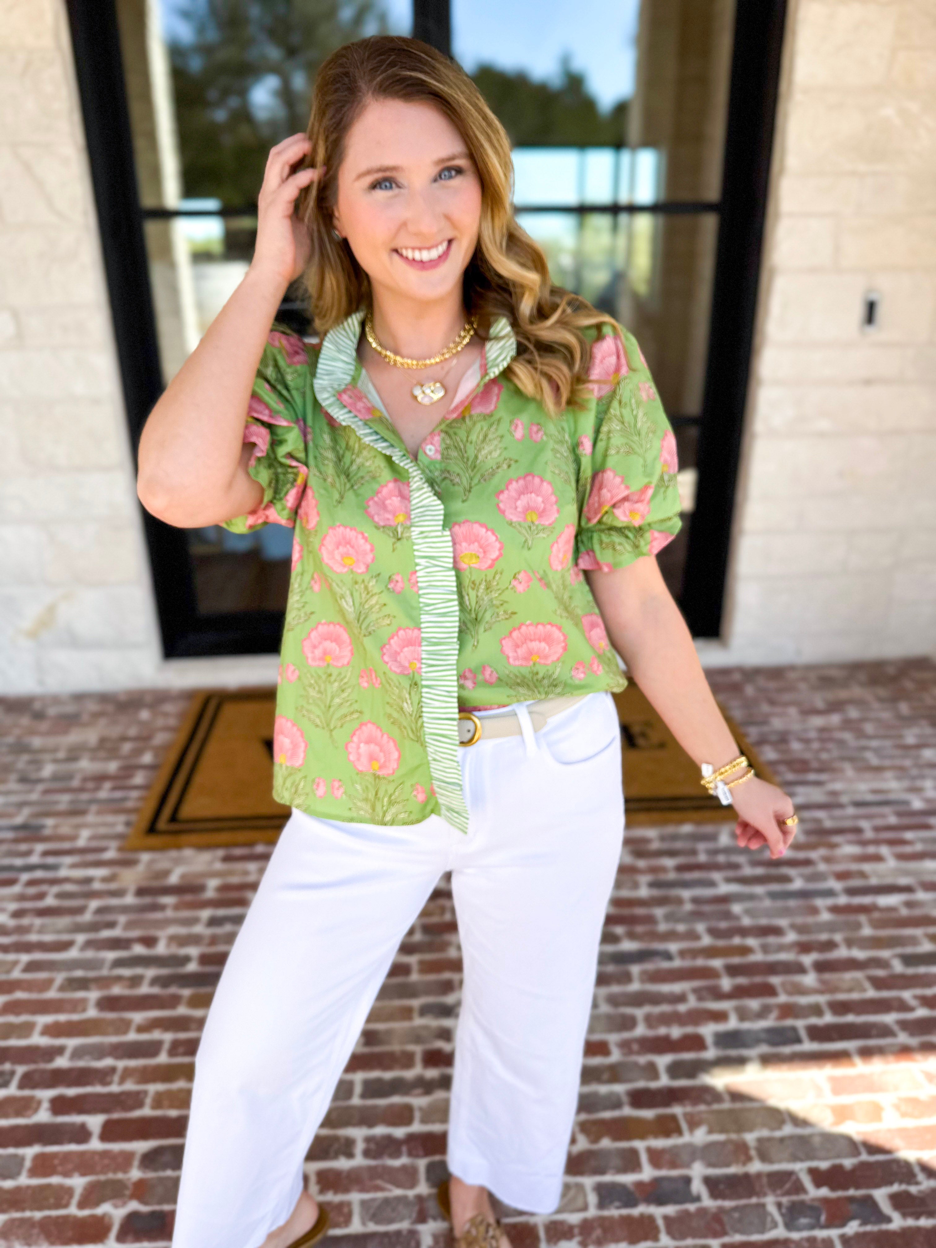 Floral Fun Blouse - Matcha-200 Fashion Blouses-ENTRO-July & June Women's Fashion Boutique Located in San Antonio, Texas