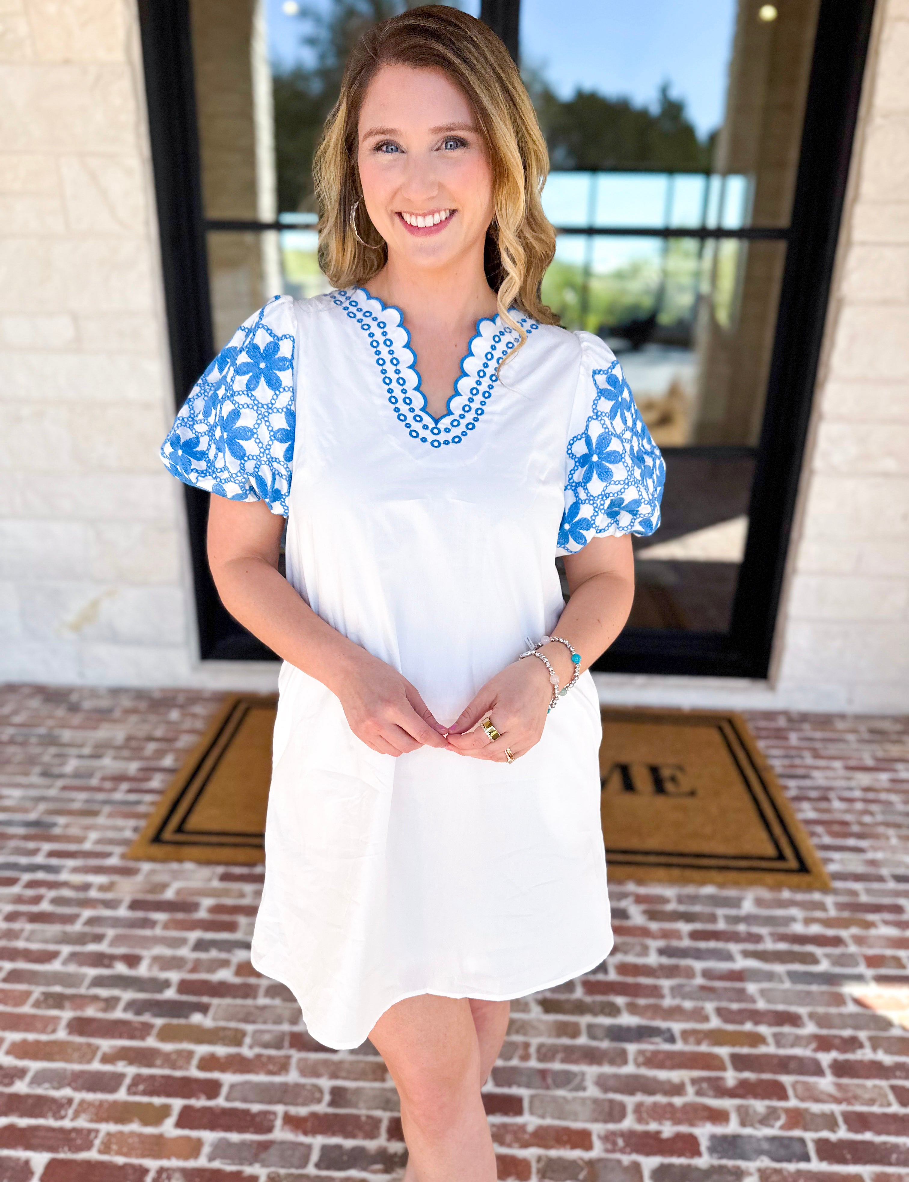 Ivory & Bold Blue Mini Dres-510 Mini-ENTRO-July & June Women's Fashion Boutique Located in San Antonio, Texas