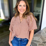 August Gingham Blouse - Golden Tan-200 Fashion Blouses-OLIVACEOUS-July & June Women's Fashion Boutique Located in San Antonio, Texas