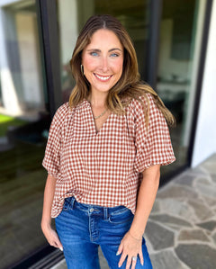 August Gingham Blouse - Golden Tan-200 Fashion Blouses-OLIVACEOUS-July & June Women's Fashion Boutique Located in San Antonio, Texas