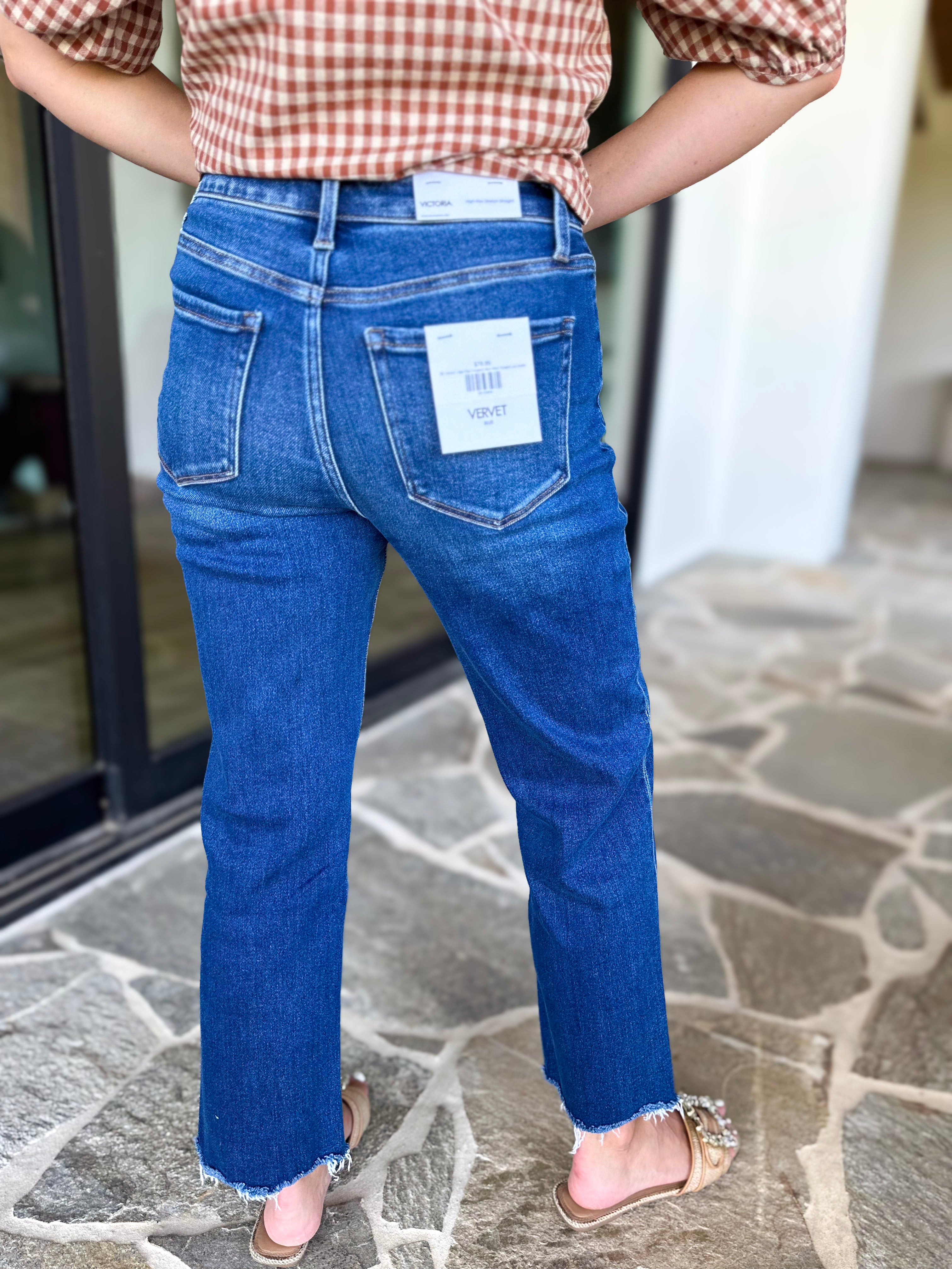 Vervet - High Rise Cropped Dark Wash Straight Leg Jeans-420 Denim-VEVERT BY FLYING MONKEY-July & June Women's Fashion Boutique Located in San Antonio, Texas