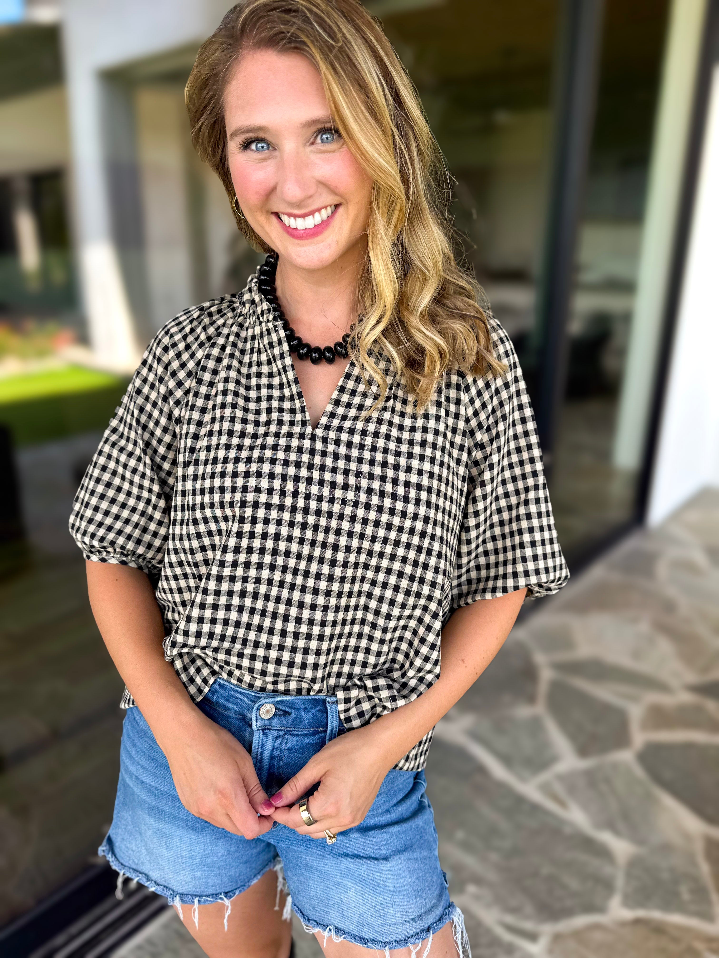 August Gingham Blouse - Black-200 Fashion Blouses-OLIVACEOUS-July & June Women's Fashion Boutique Located in San Antonio, Texas
