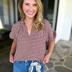 August Gingham Blouse - Maroon-200 Fashion Blouses-OLIVACEOUS-July & June Women's Fashion Boutique Located in San Antonio, Texas