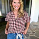August Gingham Blouse - Maroon-200 Fashion Blouses-OLIVACEOUS-July & June Women's Fashion Boutique Located in San Antonio, Texas