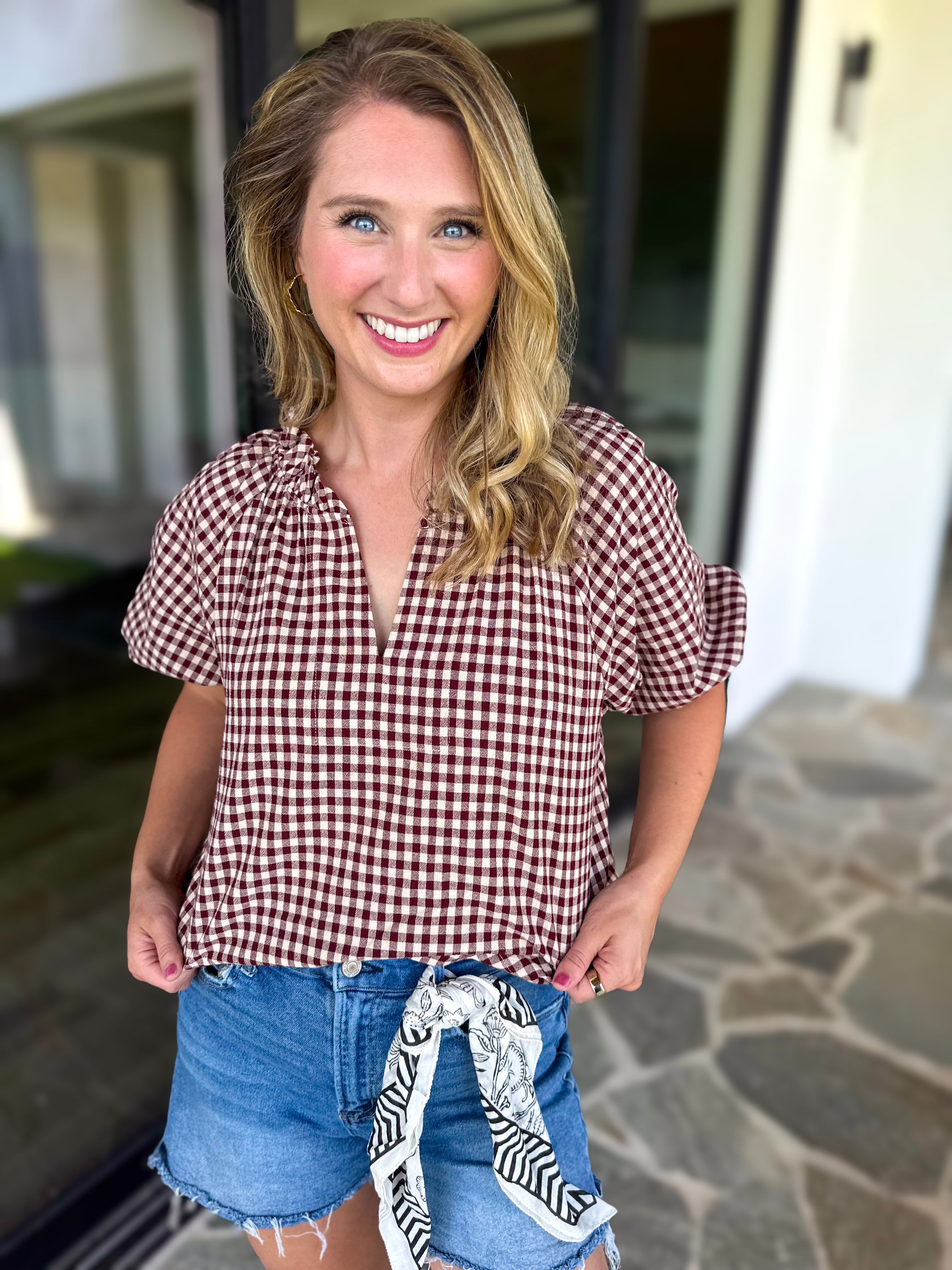 August Gingham Blouse - Maroon-200 Fashion Blouses-OLIVACEOUS-July & June Women's Fashion Boutique Located in San Antonio, Texas
