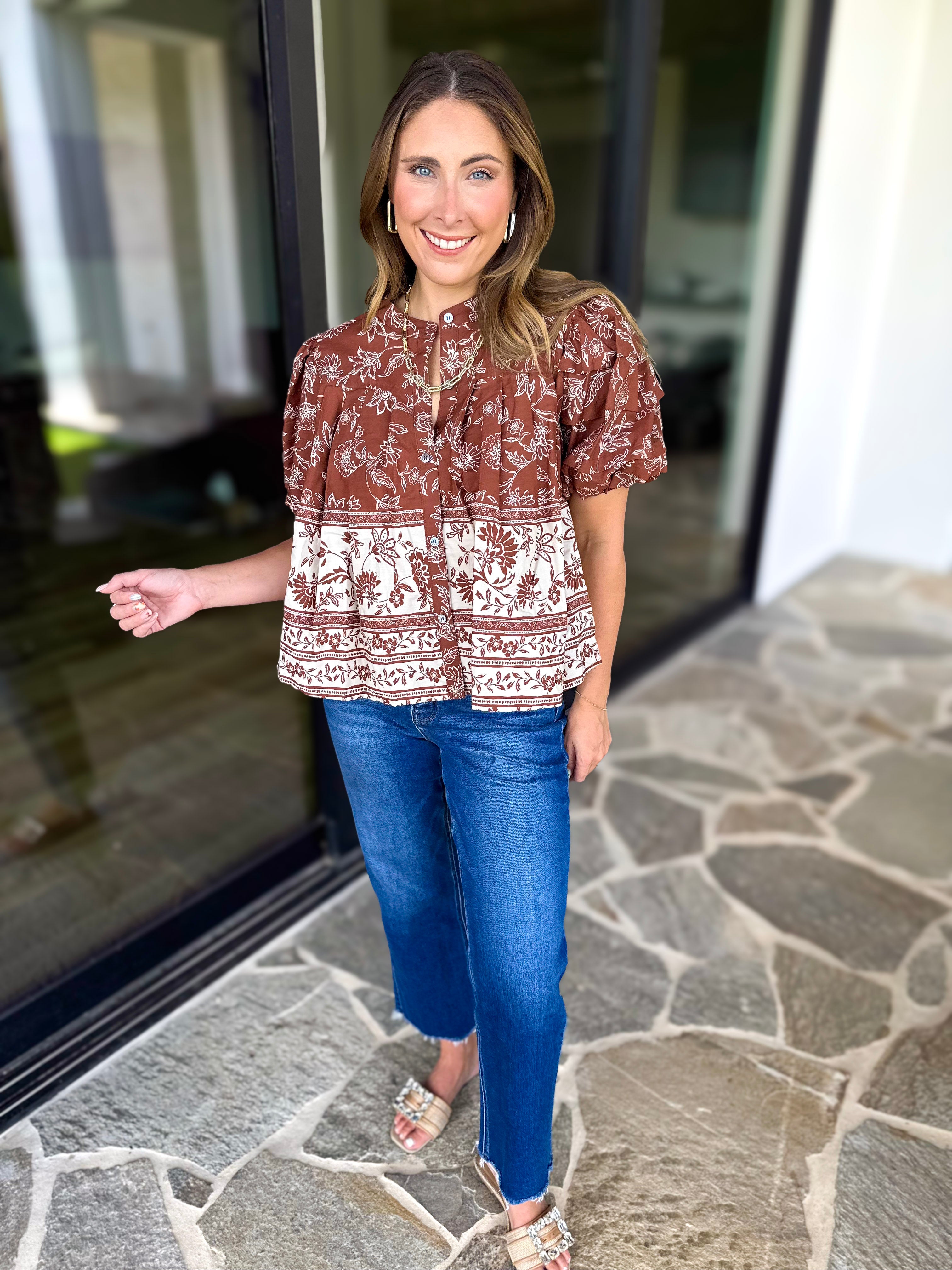 Ellie Floral Blouse - Brown Rust-200 Fashion Blouses-OLIVACEOUS-July & June Women's Fashion Boutique Located in San Antonio, Texas