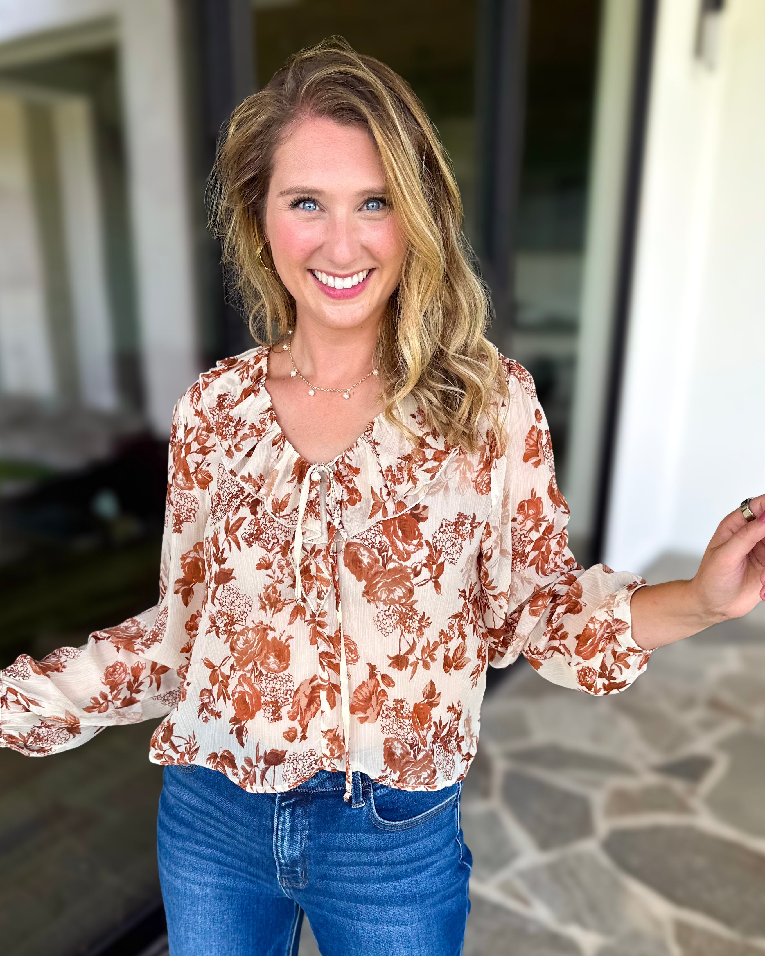 Verona Floral Blouse-200 Fashion Blouses-OLIVACEOUS-July & June Women's Fashion Boutique Located in San Antonio, Texas