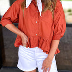 Effortless Ruffle Hem Blouse - Clay-200 Fashion Blouses-ENTRO-July & June Women's Fashion Boutique Located in San Antonio, Texas