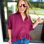 Effortless Ruffle Hem Blouse - Maroon-200 Fashion Blouses-ENTRO-July & June Women's Fashion Boutique Located in San Antonio, Texas
