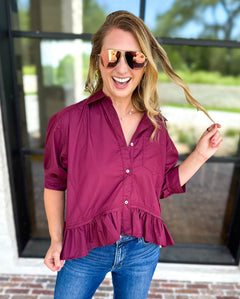 Effortless Ruffle Hem Blouse - Maroon-200 Fashion Blouses-ENTRO-July & June Women's Fashion Boutique Located in San Antonio, Texas