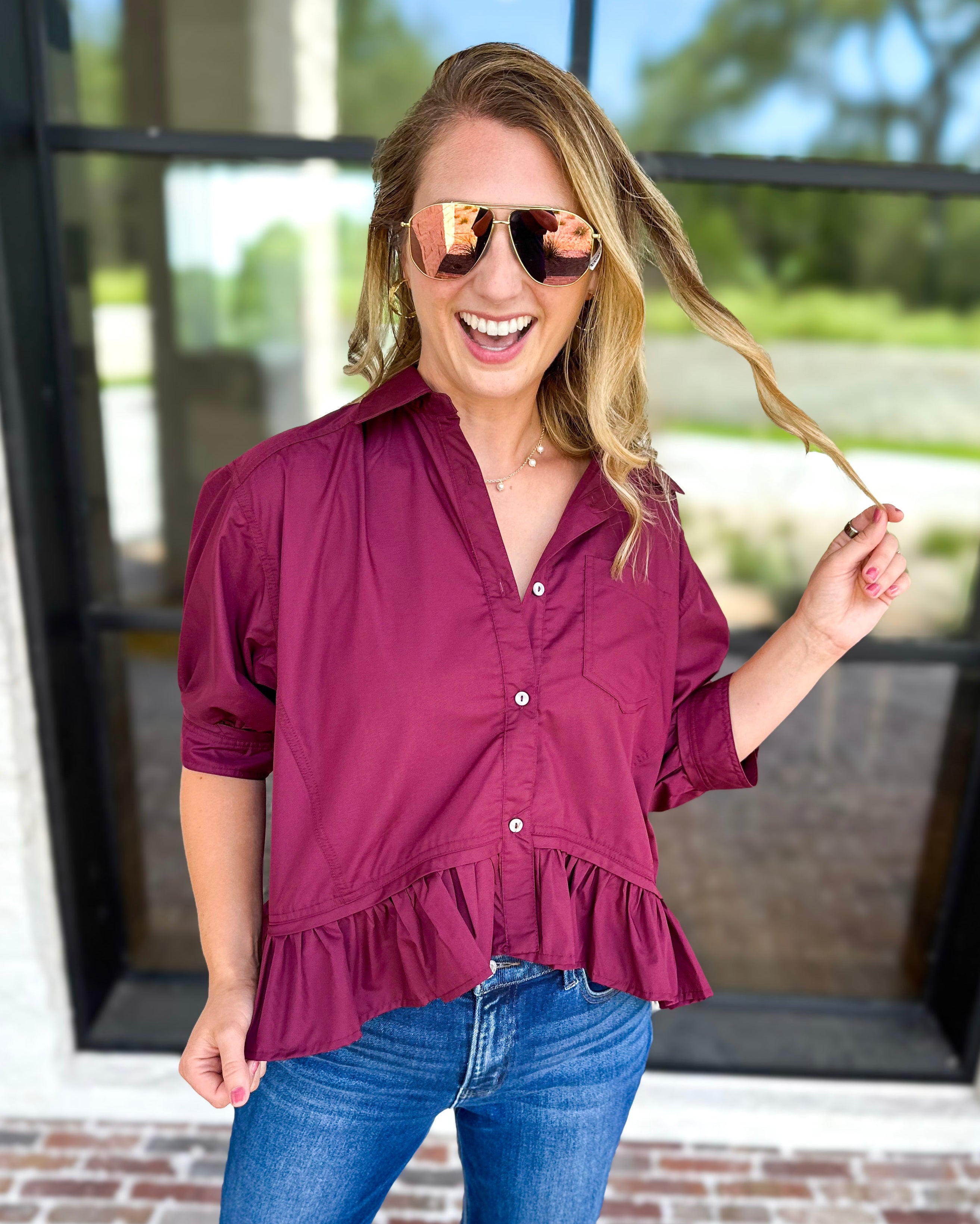 Effortless Ruffle Hem Blouse - Maroon-200 Fashion Blouses-ENTRO-July & June Women's Fashion Boutique Located in San Antonio, Texas