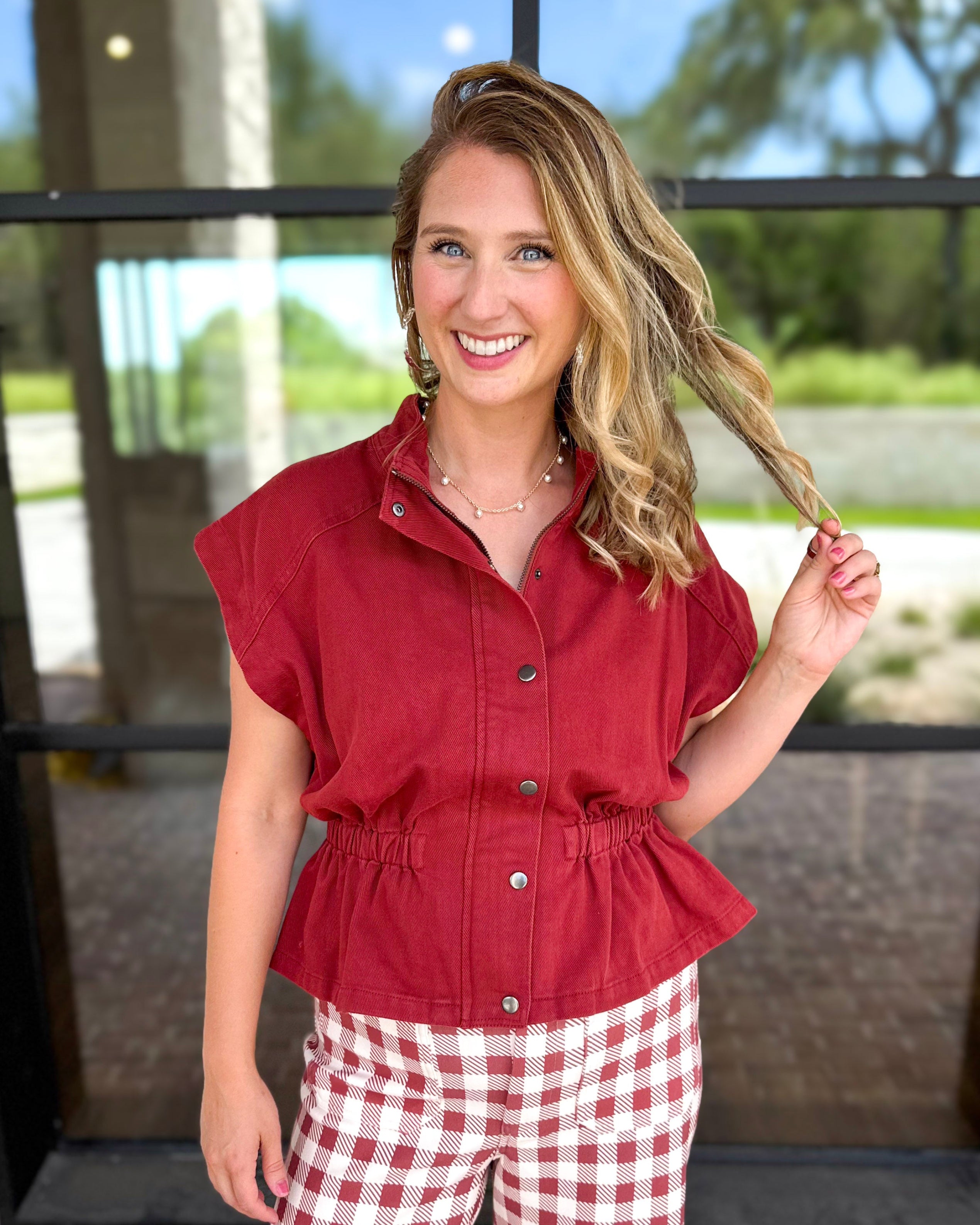 Worn Well Zip-Up Top - Brick-200 Fashion Blouses-ENTRO-July & June Women's Fashion Boutique Located in San Antonio, Texas