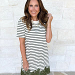 Stripes & Lace Shift Dress - Olive & Cream-510 Mini-ENTRO-July & June Women's Fashion Boutique Located in San Antonio, Texas