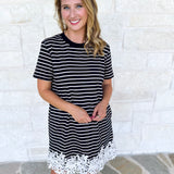 Stripes & Lace Shift Dress - Black-510 Mini-ENTRO-July & June Women's Fashion Boutique Located in San Antonio, Texas