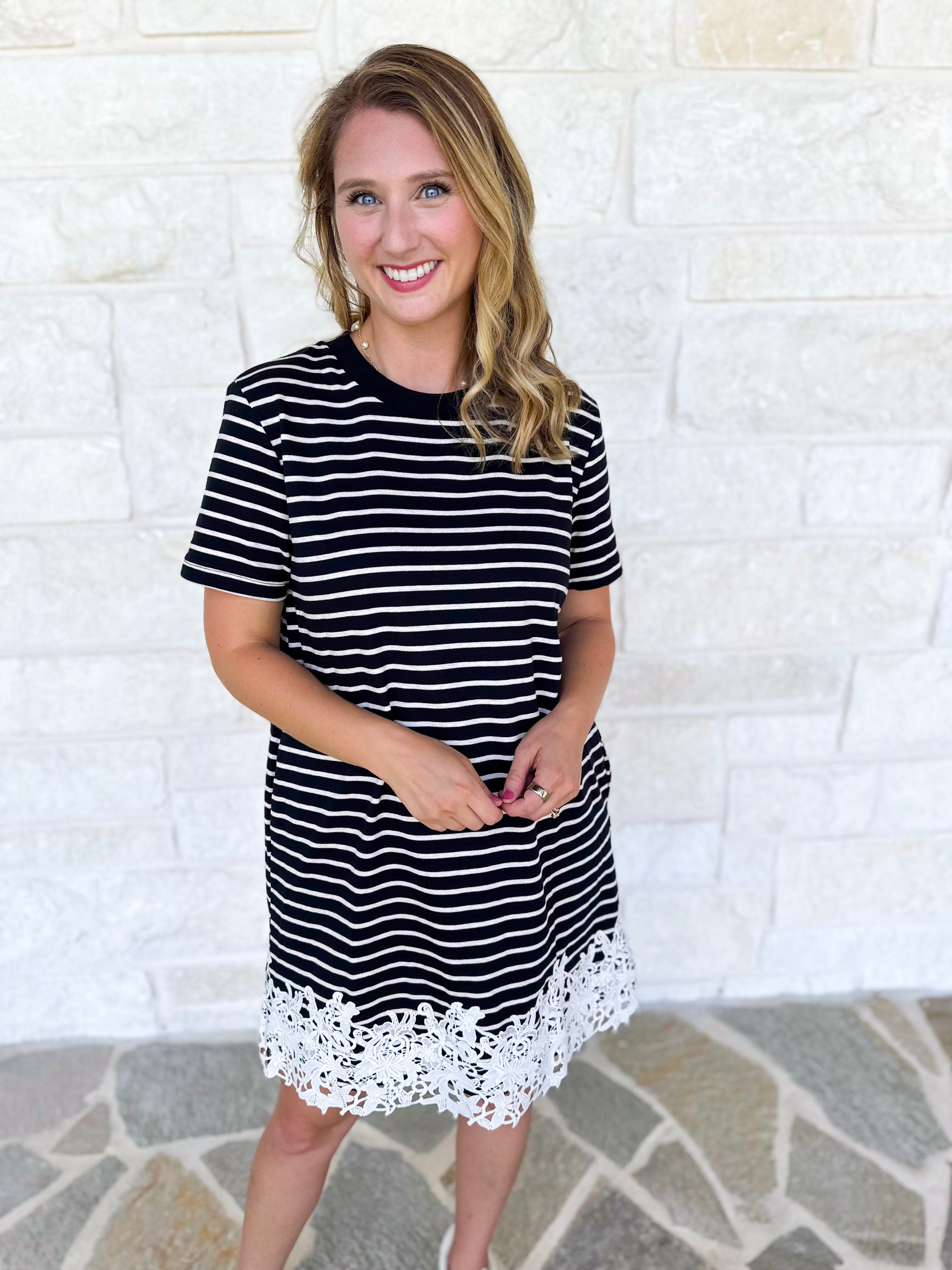 Stripes & Lace Shift Dress - Black-510 Mini-ENTRO-July & June Women's Fashion Boutique Located in San Antonio, Texas