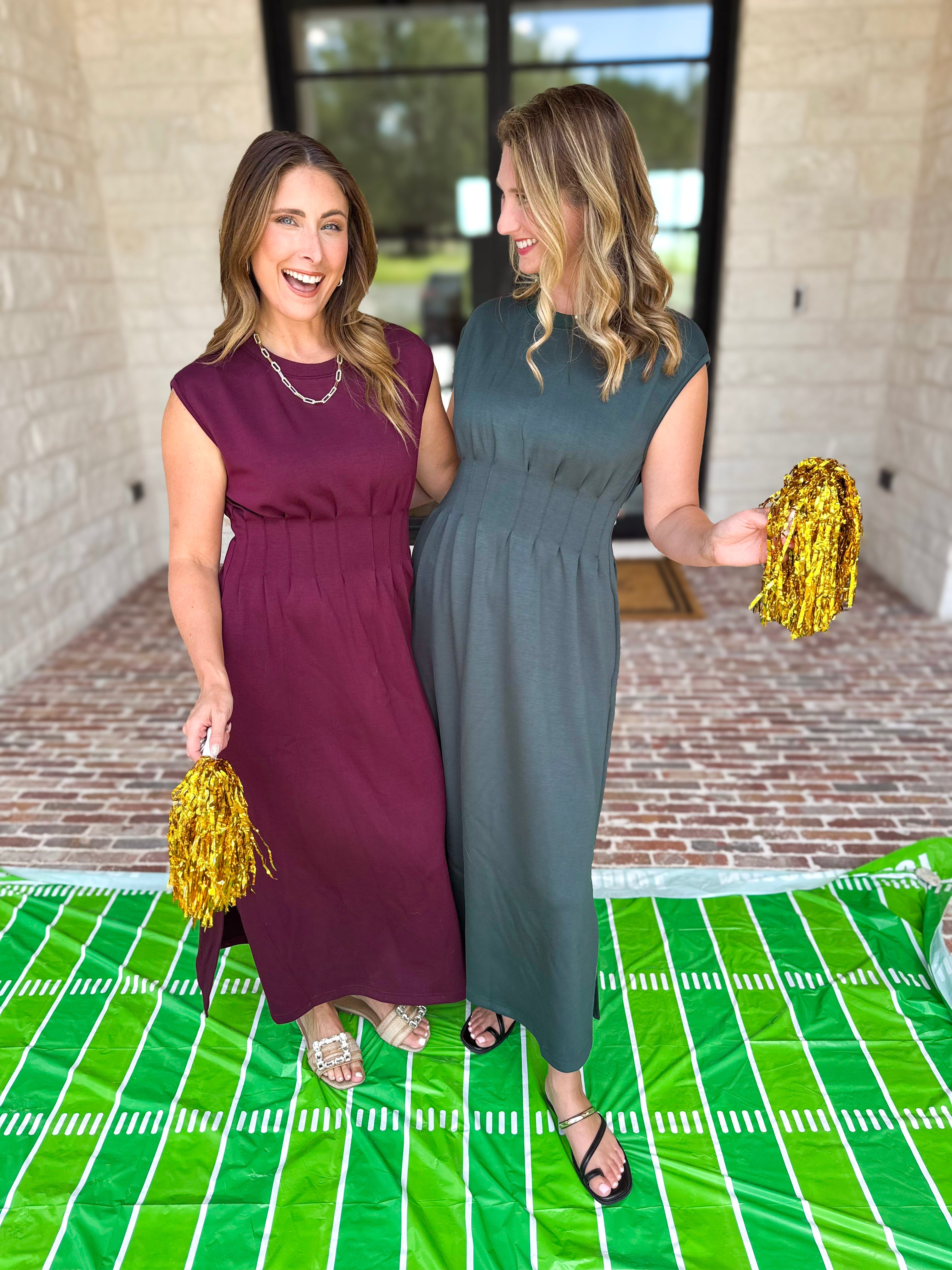 Polished Pin-Tuck Midi Dress - Burgundy-500 Midi-ENTRO-July & June Women's Fashion Boutique Located in San Antonio, Texas