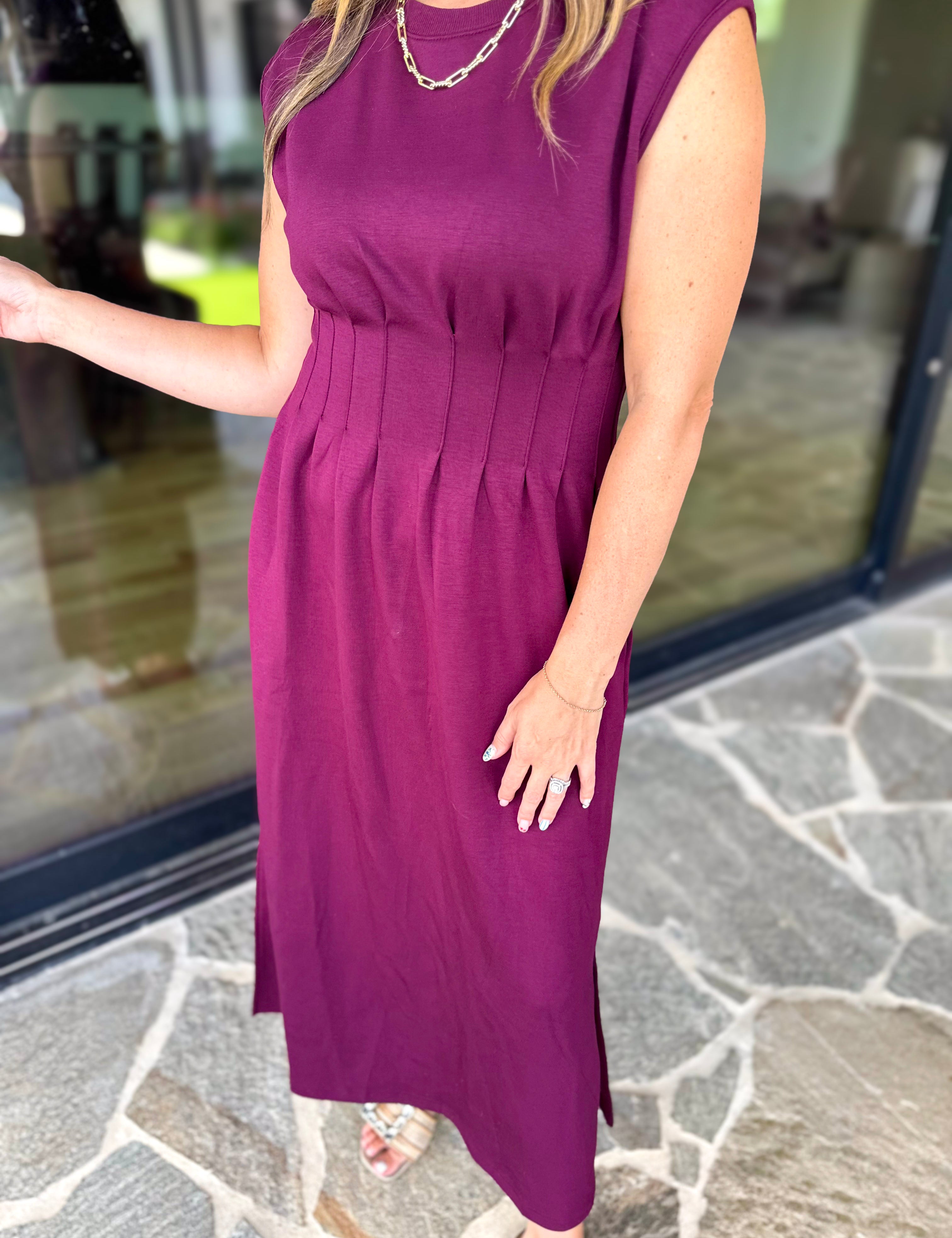 Polished Pin-Tuck Midi Dress - Burgundy-500 Midi-ENTRO-July & June Women's Fashion Boutique Located in San Antonio, Texas