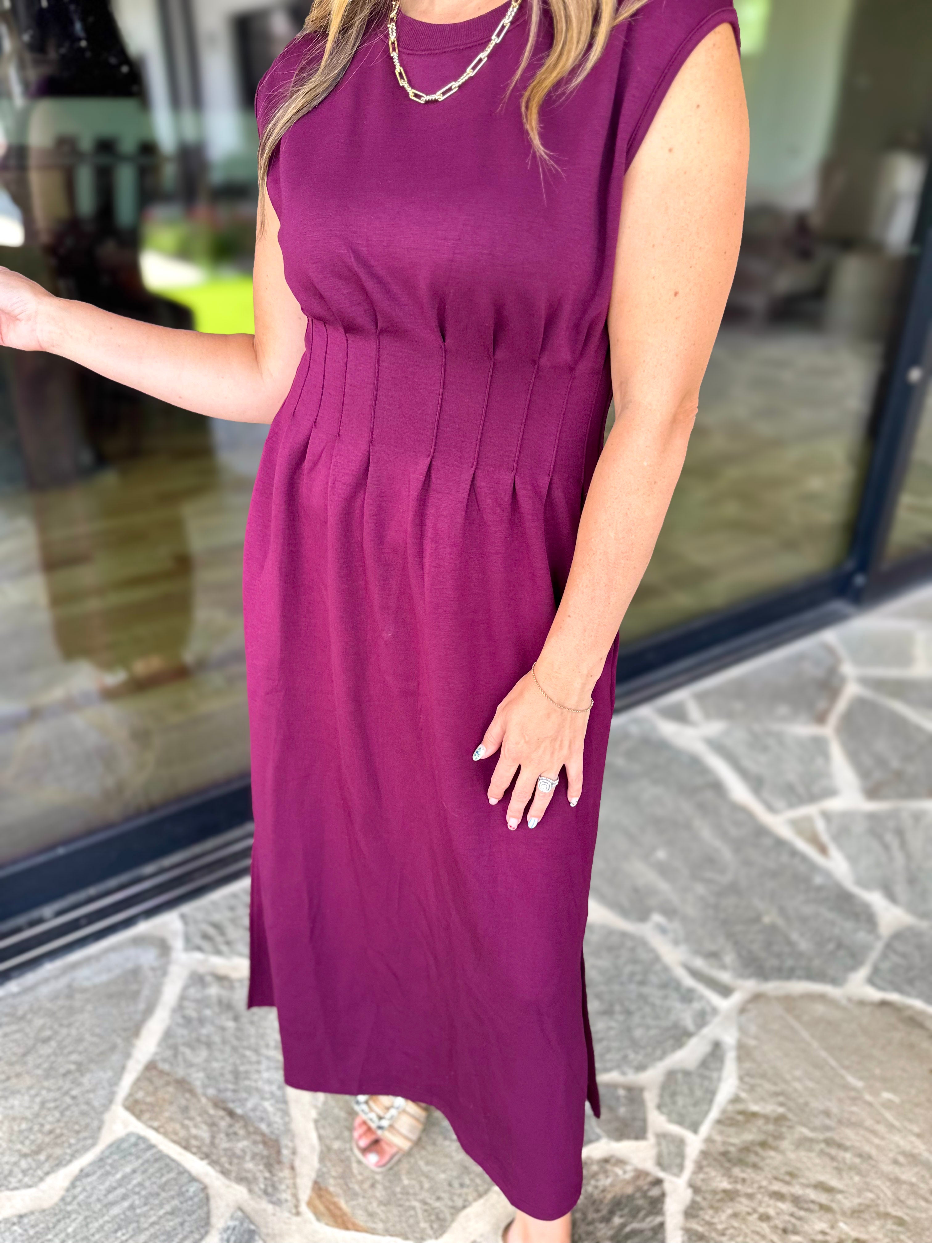 Polished Pin-Tuck Midi Dress - Burgundy-500 Midi-ENTRO-July & June Women's Fashion Boutique Located in San Antonio, Texas
