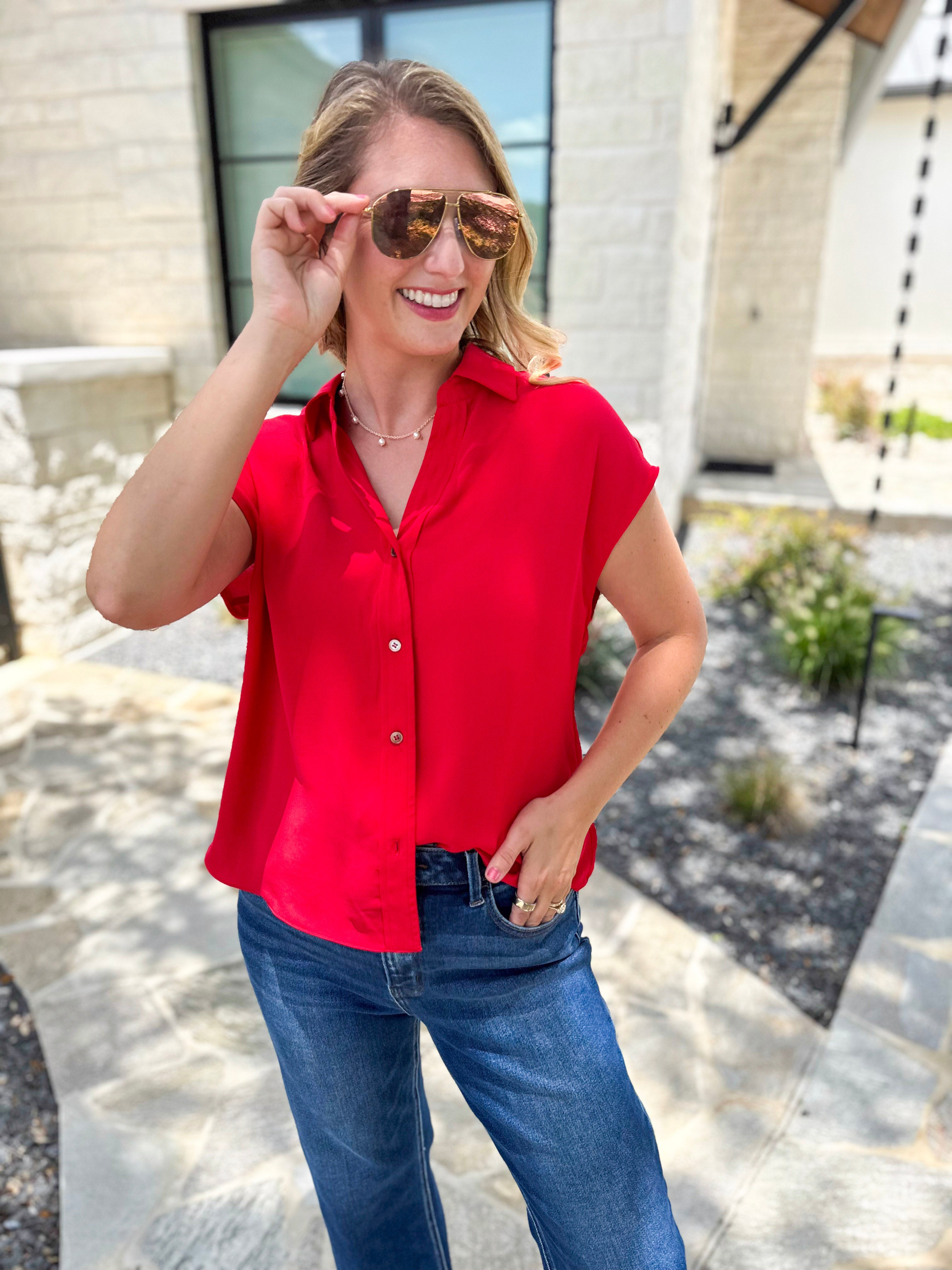 Current Air - Classic Button Down Blouse - Red-200 Fashion Blouses-CURRENT AIR CLOTHING-July & June Women's Fashion Boutique Located in San Antonio, Texas
