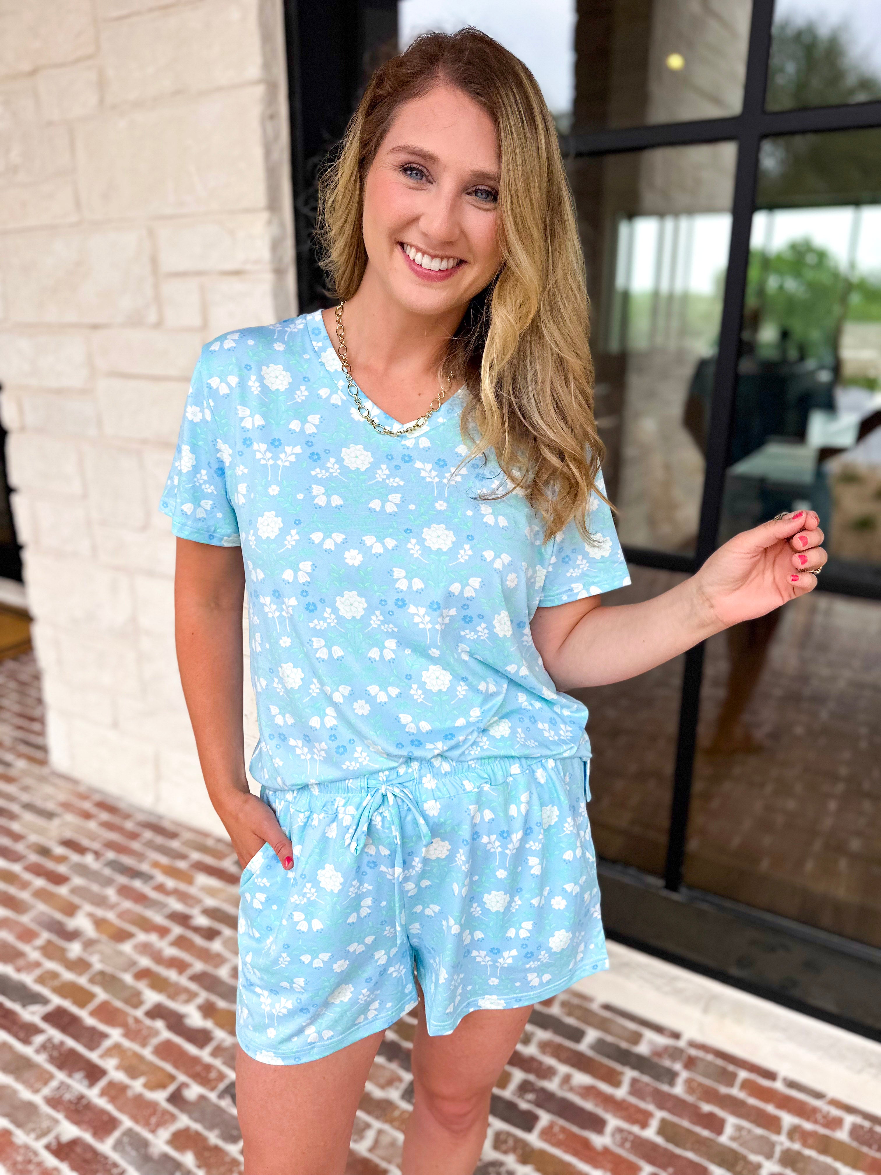 Mary Square - Alli Pj Set - Quiet Blossom Blue-300 Athleisure/Lounge-MARY SQUARE-July & June Women's Fashion Boutique Located in San Antonio, Texas