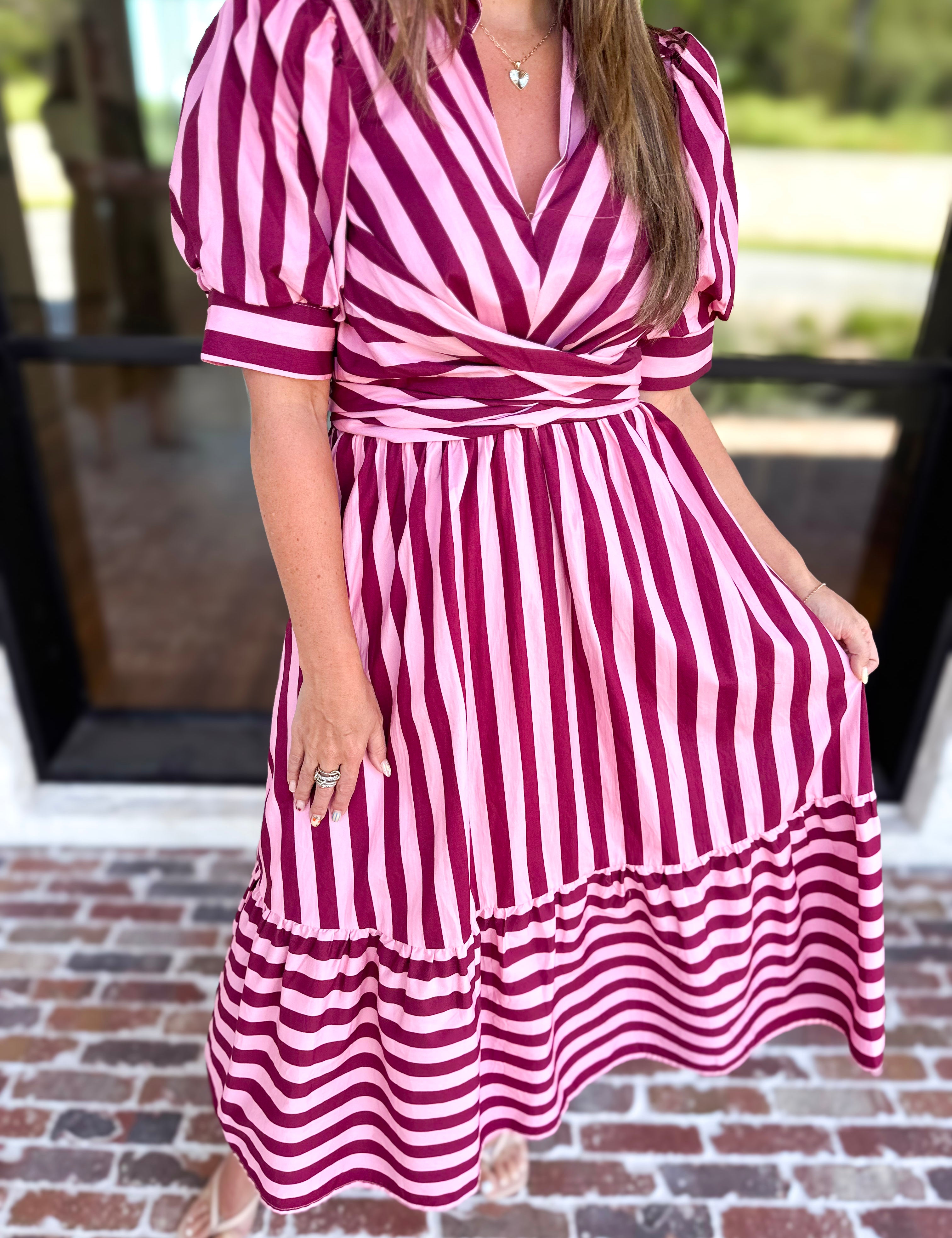 Color Drench Striped Midi Dress - Blushed Berry-500 Midi-ENTRO-July & June Women's Fashion Boutique Located in San Antonio, Texas