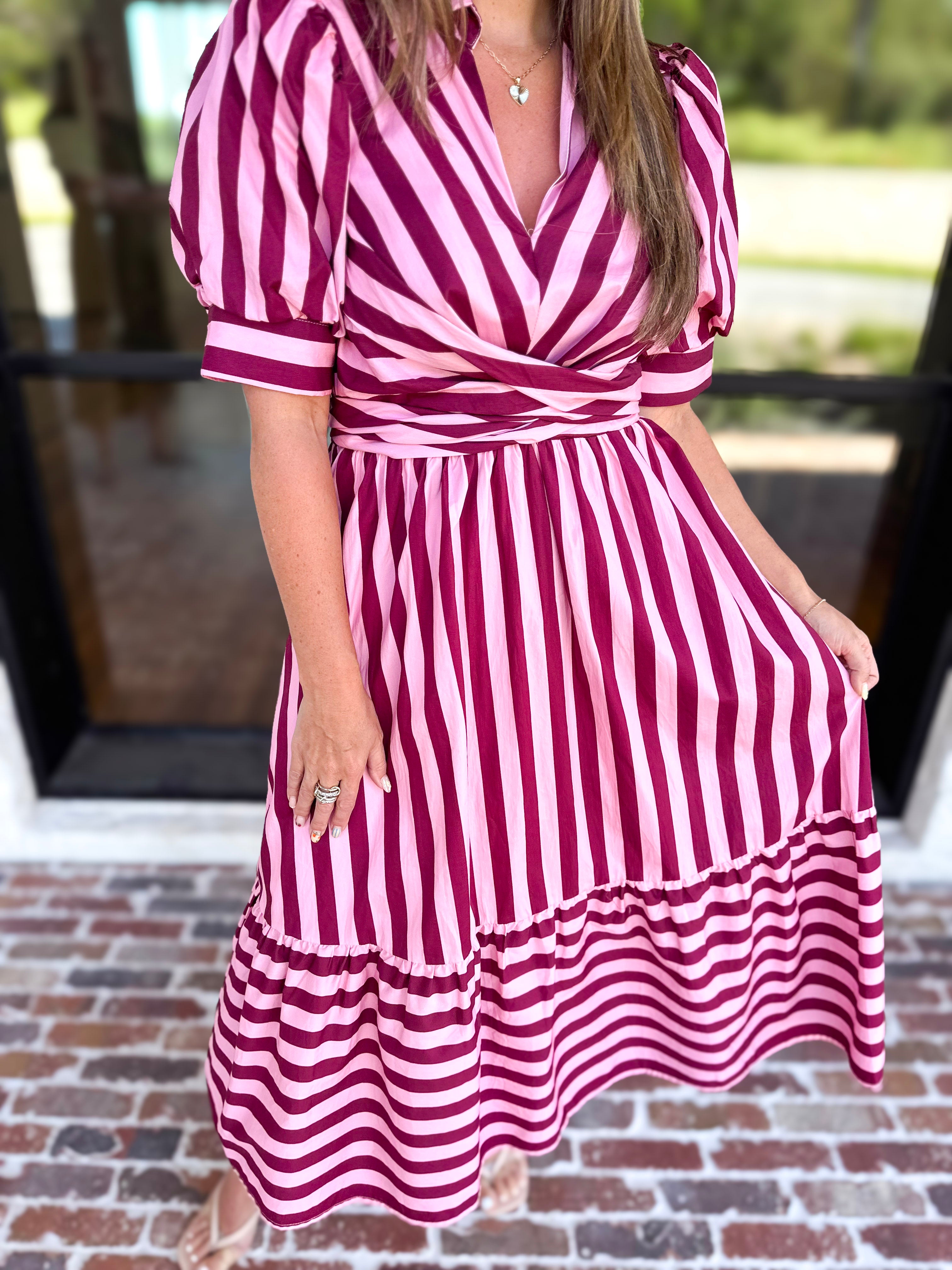 Color Drench Striped Midi Dress - Blushed Berry-500 Midi-ENTRO-July & June Women's Fashion Boutique Located in San Antonio, Texas