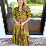 Color Drench Striped Midi Dress - Martini Olive-500 Midi-ENTRO-July & June Women's Fashion Boutique Located in San Antonio, Texas