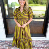 Color Drench Striped Midi Dress - Martini Olive-500 Midi-ENTRO-July & June Women's Fashion Boutique Located in San Antonio, Texas
