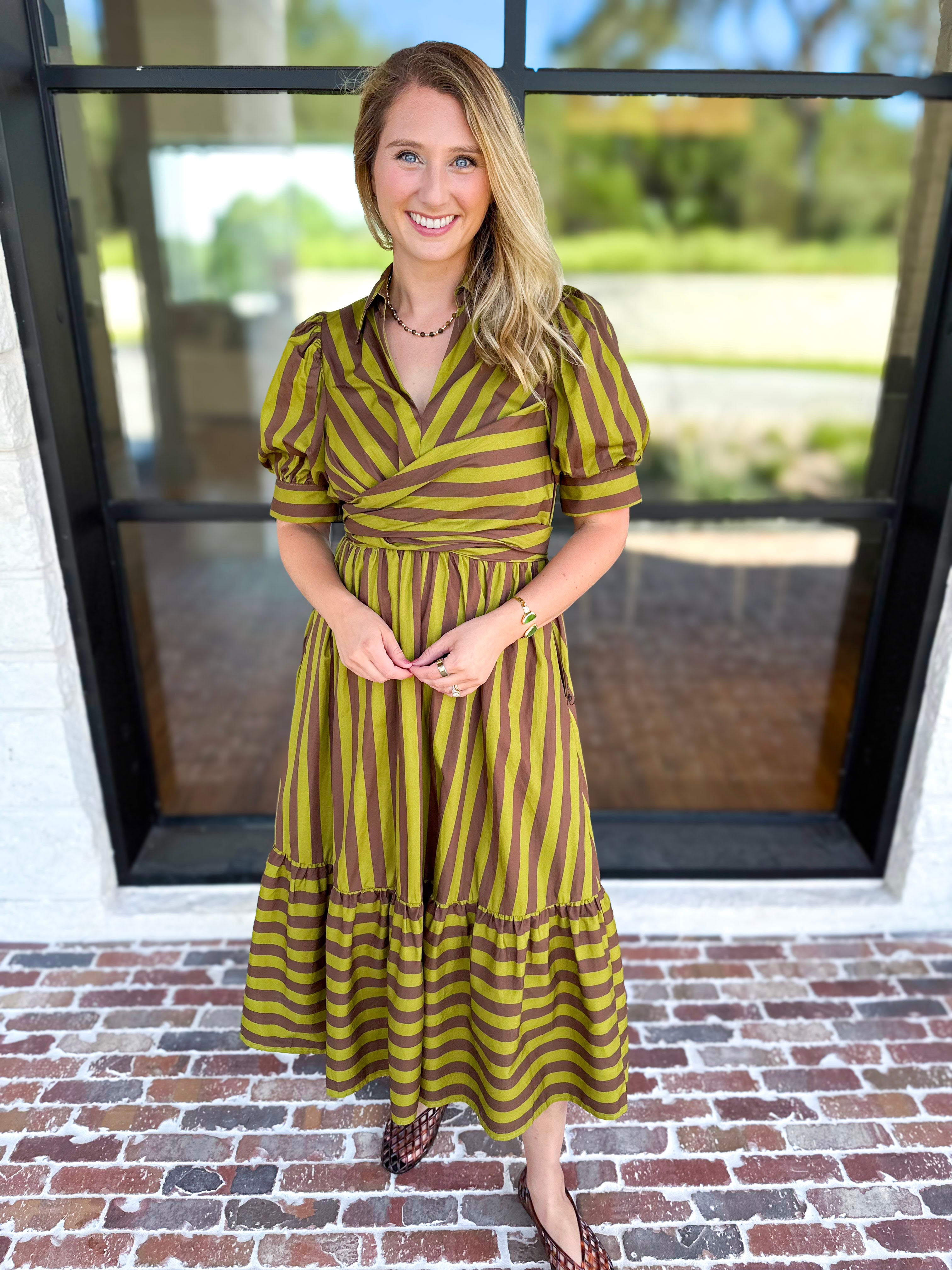 Color Drench Striped Midi Dress - Martini Olive-500 Midi-ENTRO-July & June Women's Fashion Boutique Located in San Antonio, Texas
