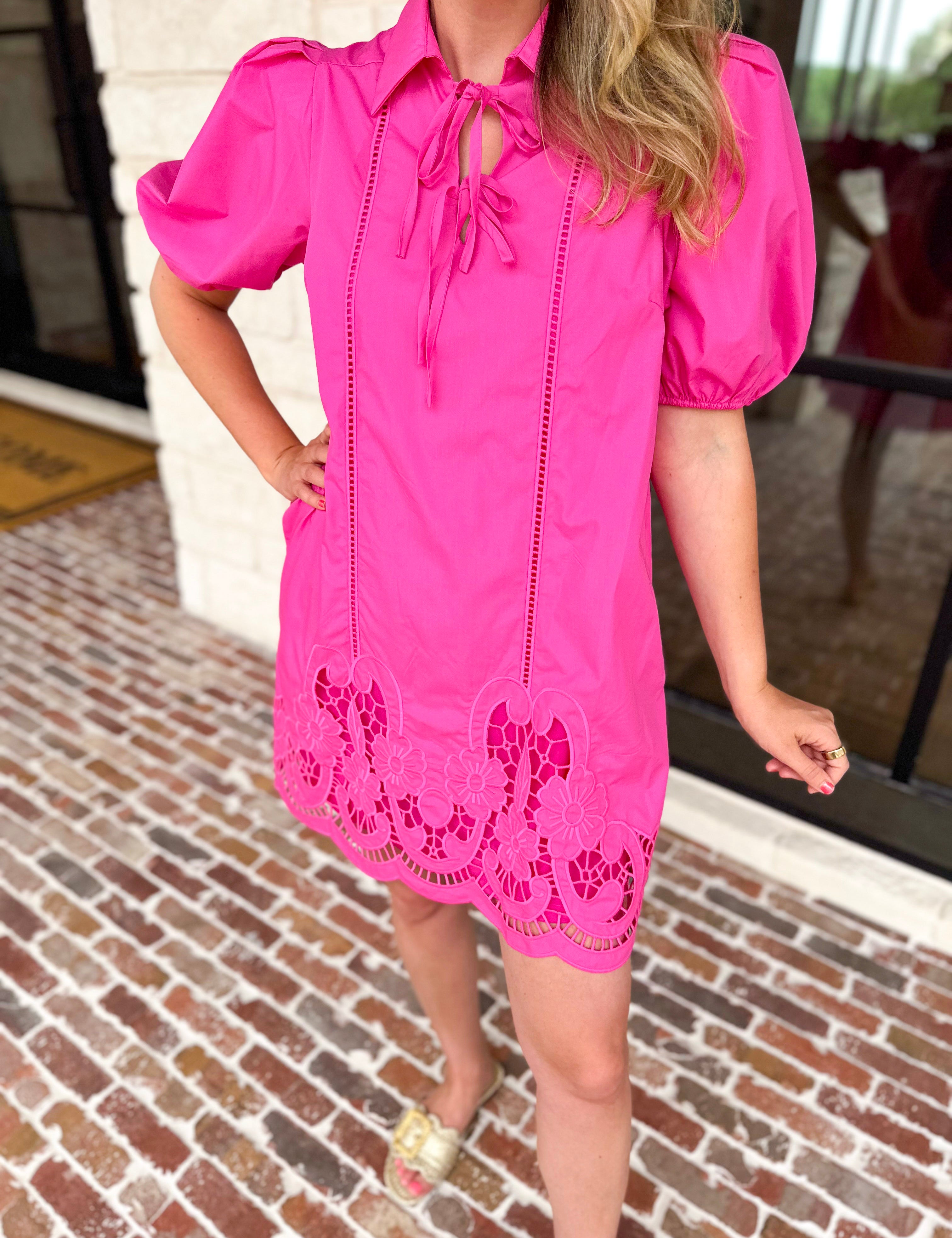 Flirty Embroidered Mini Dress - Hot Pink-510 Mini-ENTRO-July & June Women's Fashion Boutique Located in San Antonio, Texas