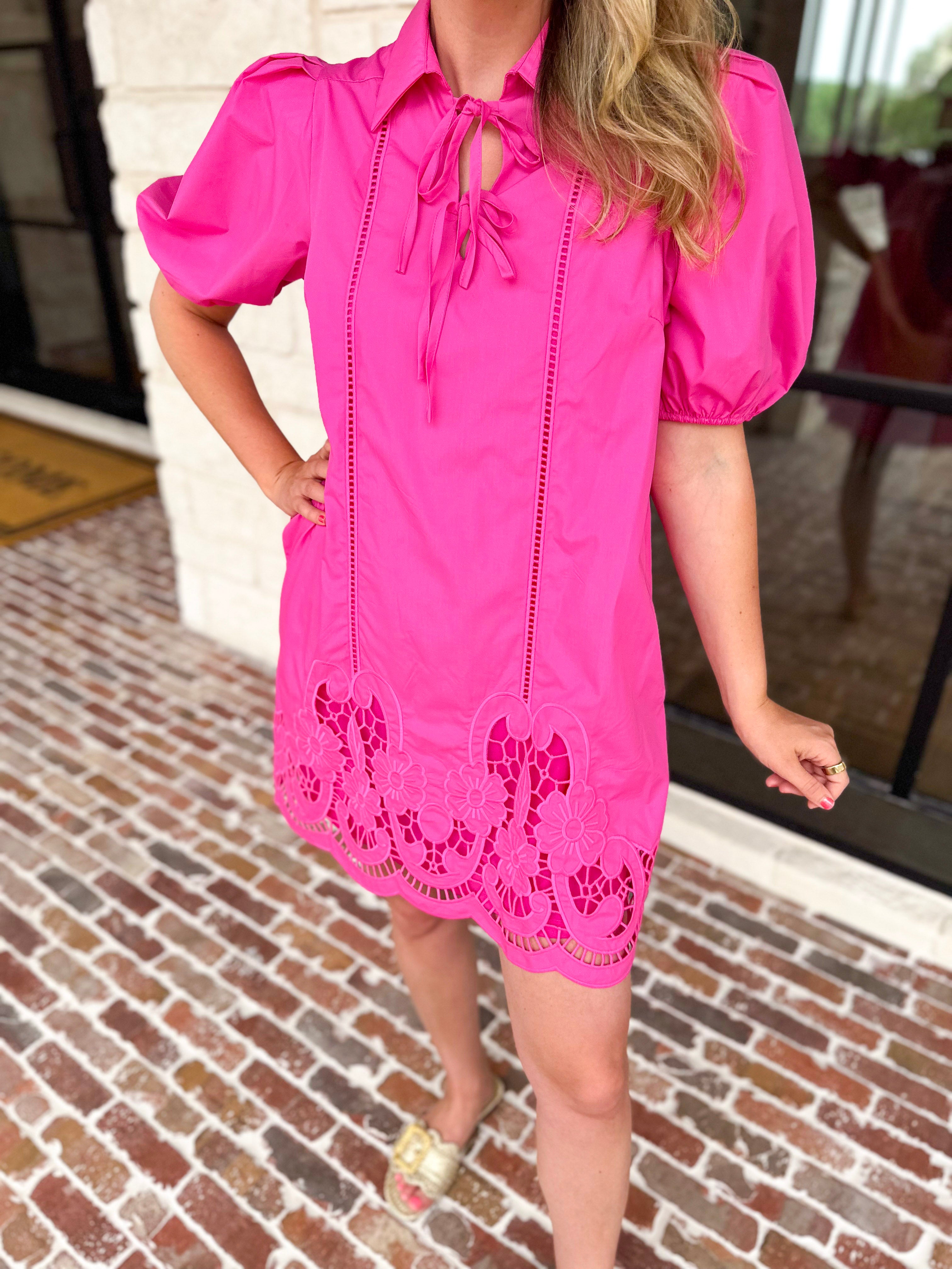 Flirty Embroidered Mini Dress - Hot Pink-510 Mini-ENTRO-July & June Women's Fashion Boutique Located in San Antonio, Texas